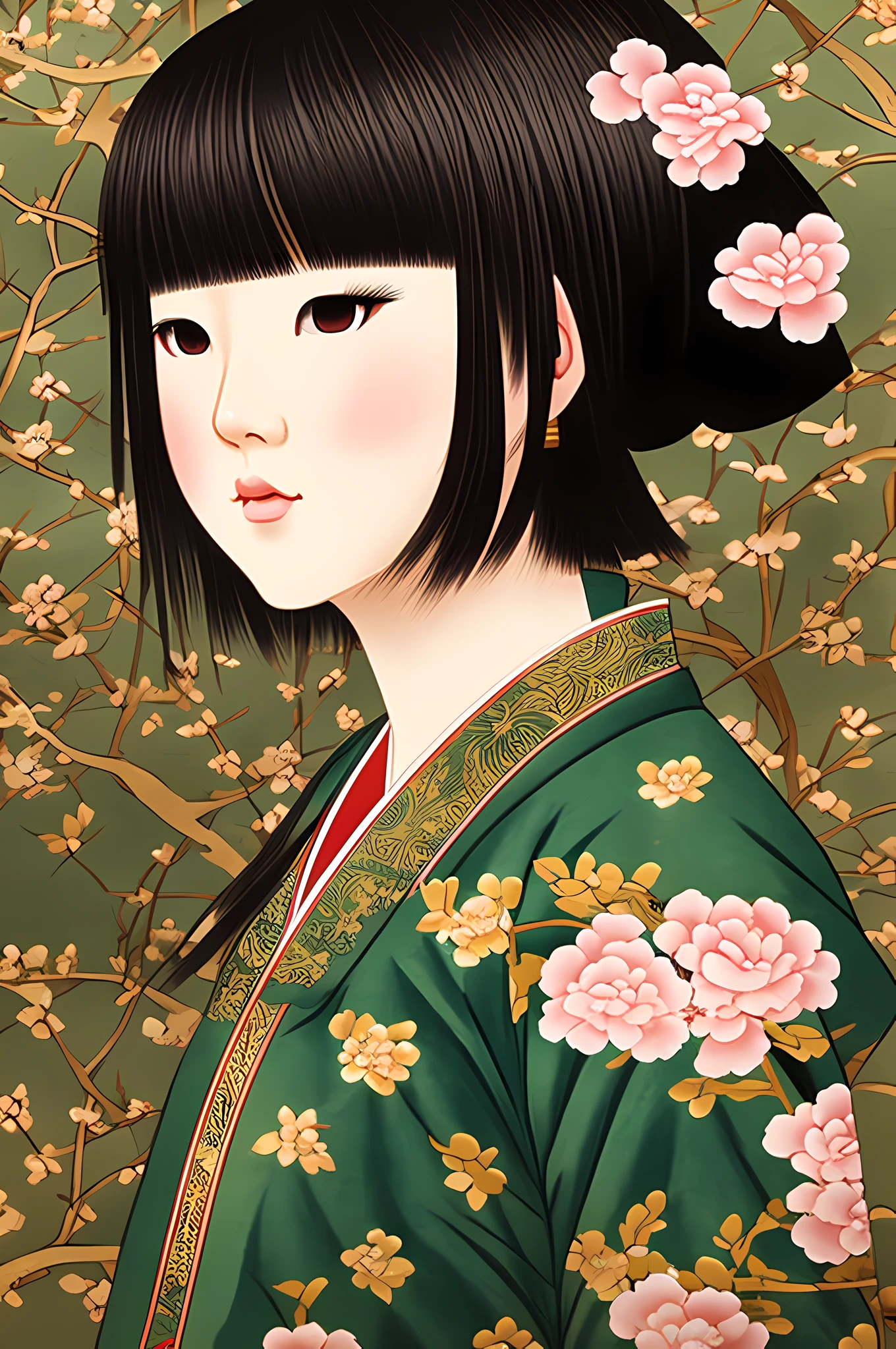 Cute short-haired girl in Tang Dynasty paintings, oriental paintings, oriental style, and Japanese anime