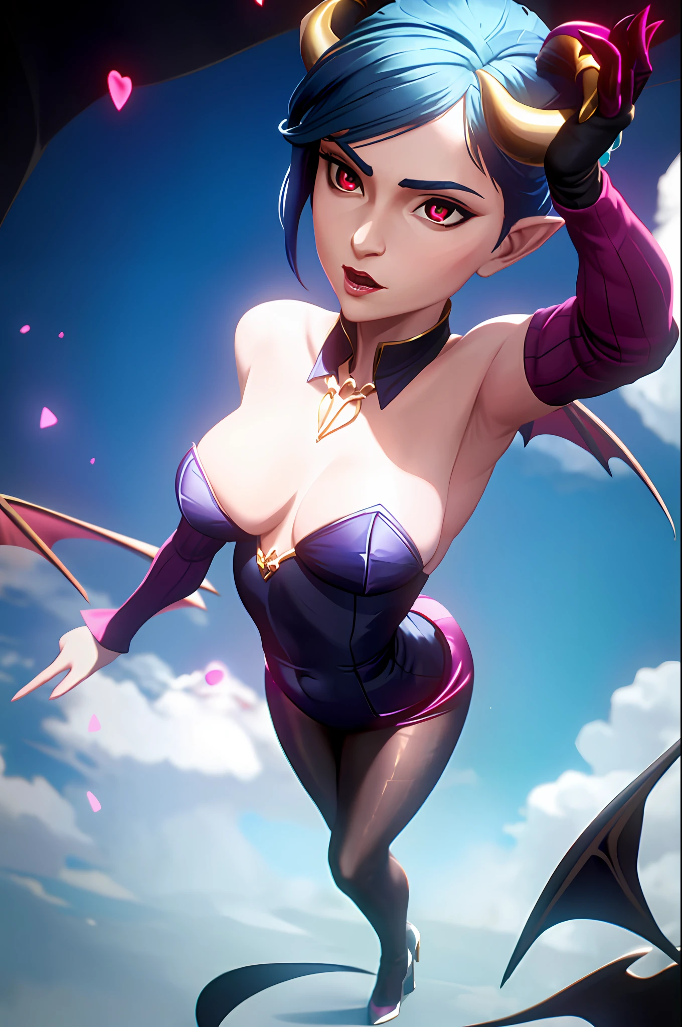 (masterpiece: 1.2, best quality), (1 milf, solo),v1l0l, large breasts, (Dynamic stance), demon girl, ( small demonic horns:1.1), (, (heaven), ), blue (pantyhose:1.1)