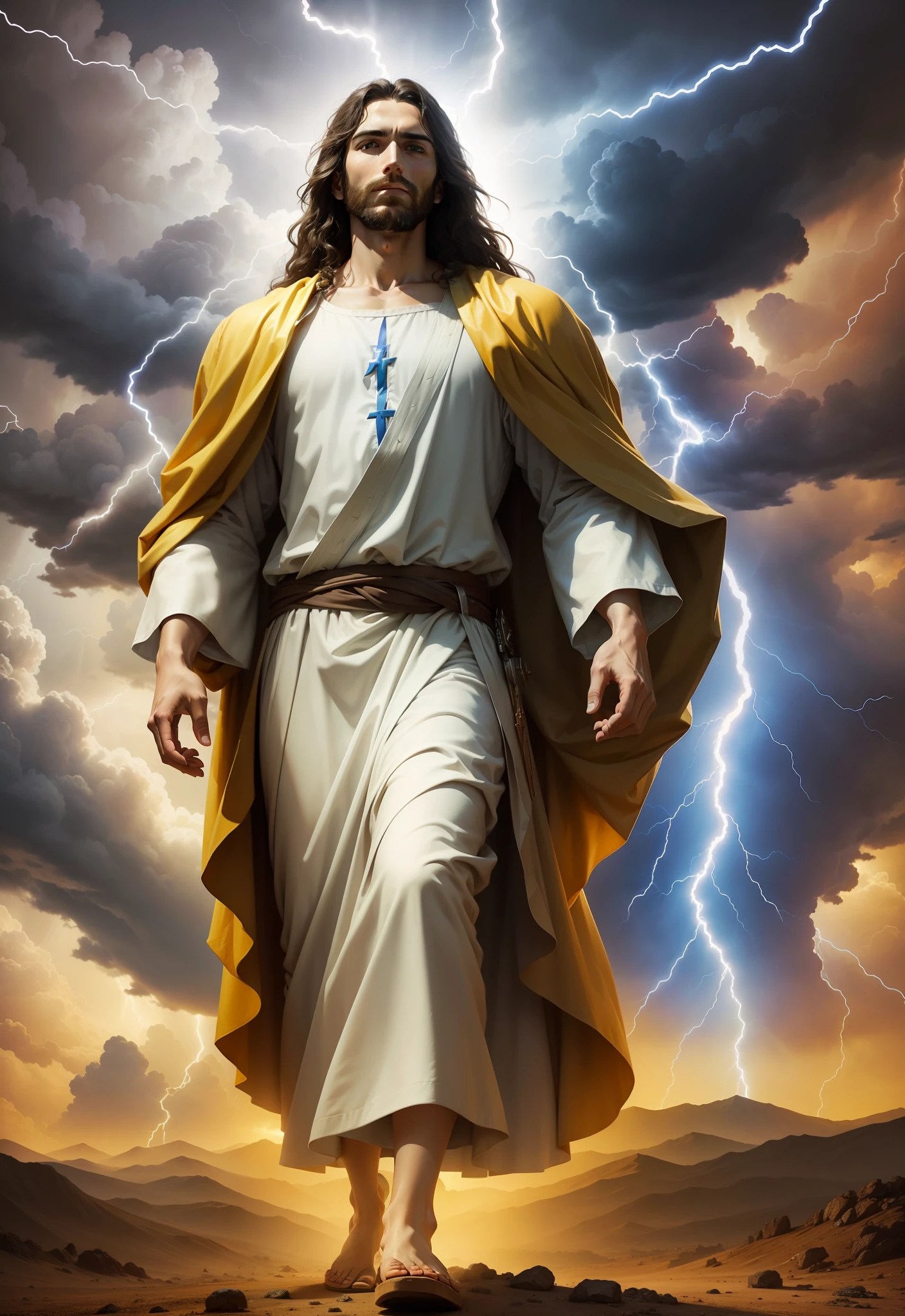 jesus messiah of israel, dressed in jewish clothes, walking among the clouds, surrounded by wind and lightning, lightning, heavenly weather, divine vision, magnificent splendor, strong and enveloping colors, determined look.