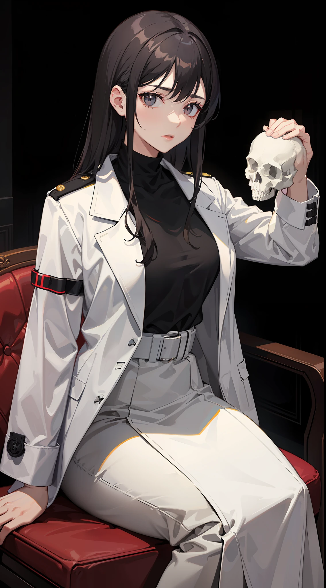 A woman (holding and looking at a skull: 1.9), the skull in her hand, the woman is tall, dressing like a medic, with a white coat, long black hair with part of it (behind the ear: 1.9), eyes lime green semi closed, a sad face, heavy makeup, eye shadows, red lipstick, pale skin, in the dark, light above her, sit in a chair, in a doctor medic office,