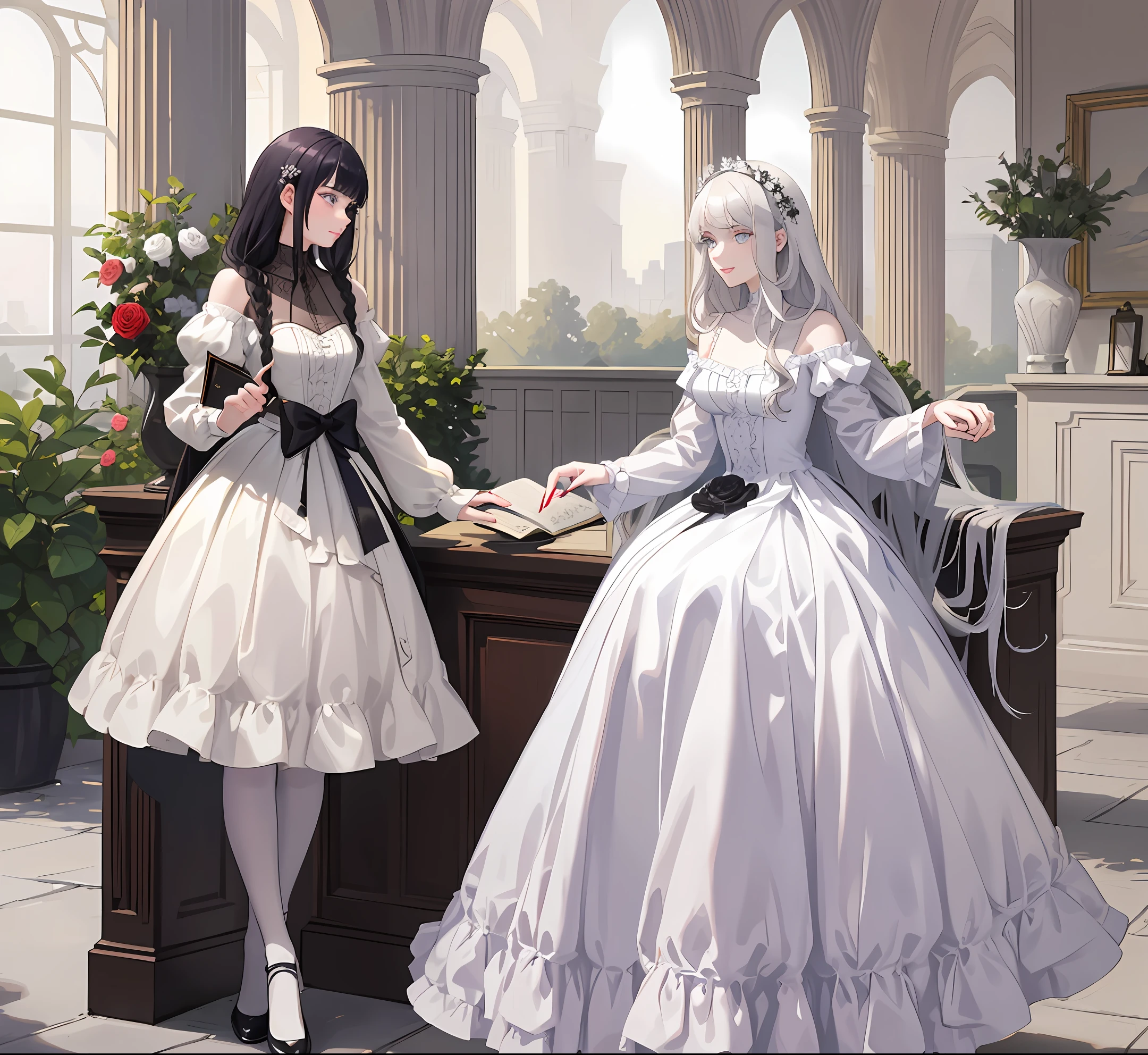 The girl is twenty years old, blue-eyed, dark straight shoulder-length hair, pale skin. She has an ironic smile on her lips. A girl in a white Edwardian-era dress and a Nirvana T-shirt. He holds a black book in his hands. Behind her is a rose garden, a mansion in the style of classicism. A raven flies over the girl. Near the girl is the White Wolf. Next to the girl is a black snake. A red thread braids a girl