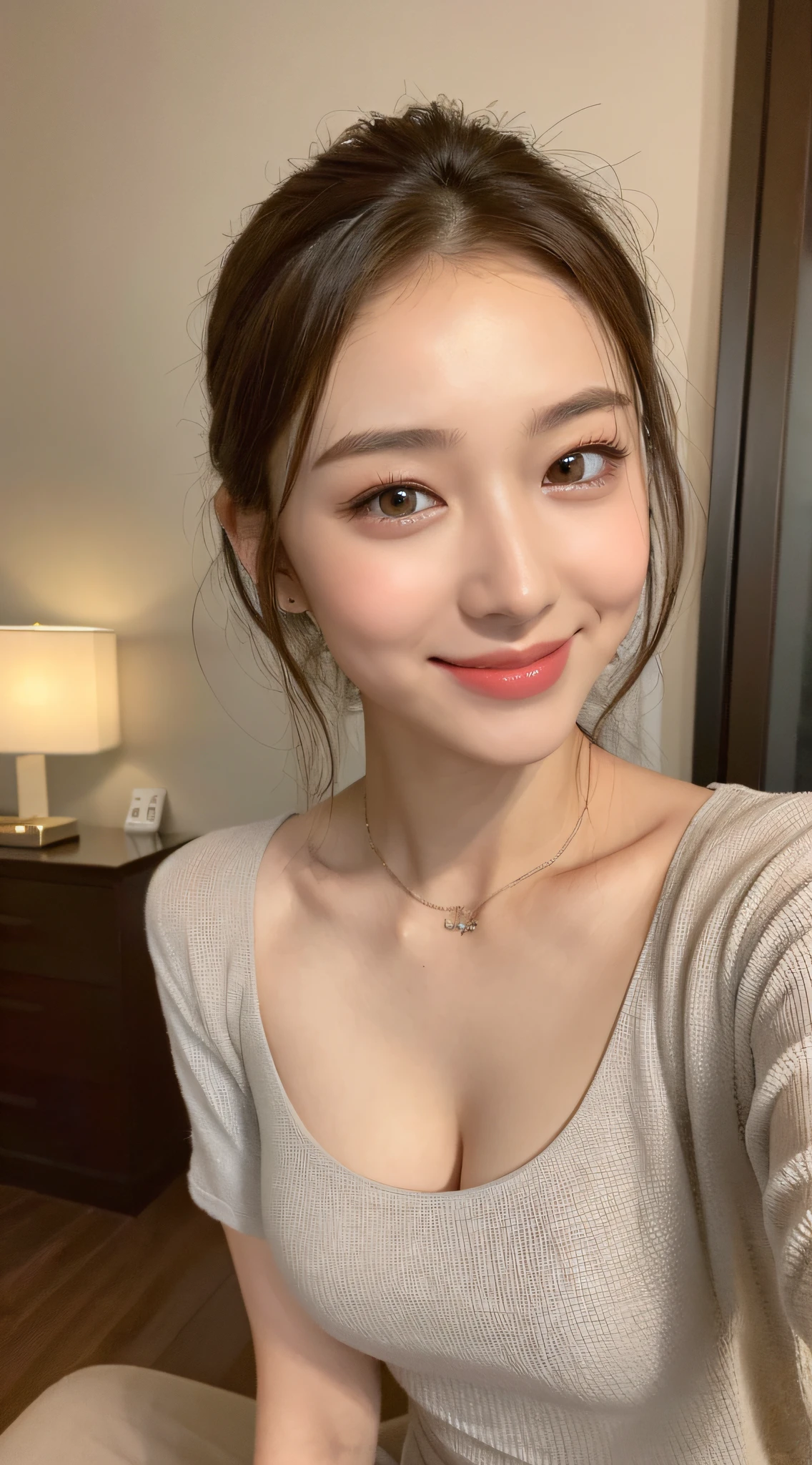 ((Best Quality, 8K, Masterpiece: 1.3)), 1girl, Slim Abs Beauty: 1.3, (Casual hairstyle, Big Breasts: 1.2), Dress: 1.1, Super fine face, Detailed eyes, Double eyelids, smile, Home, Focus
