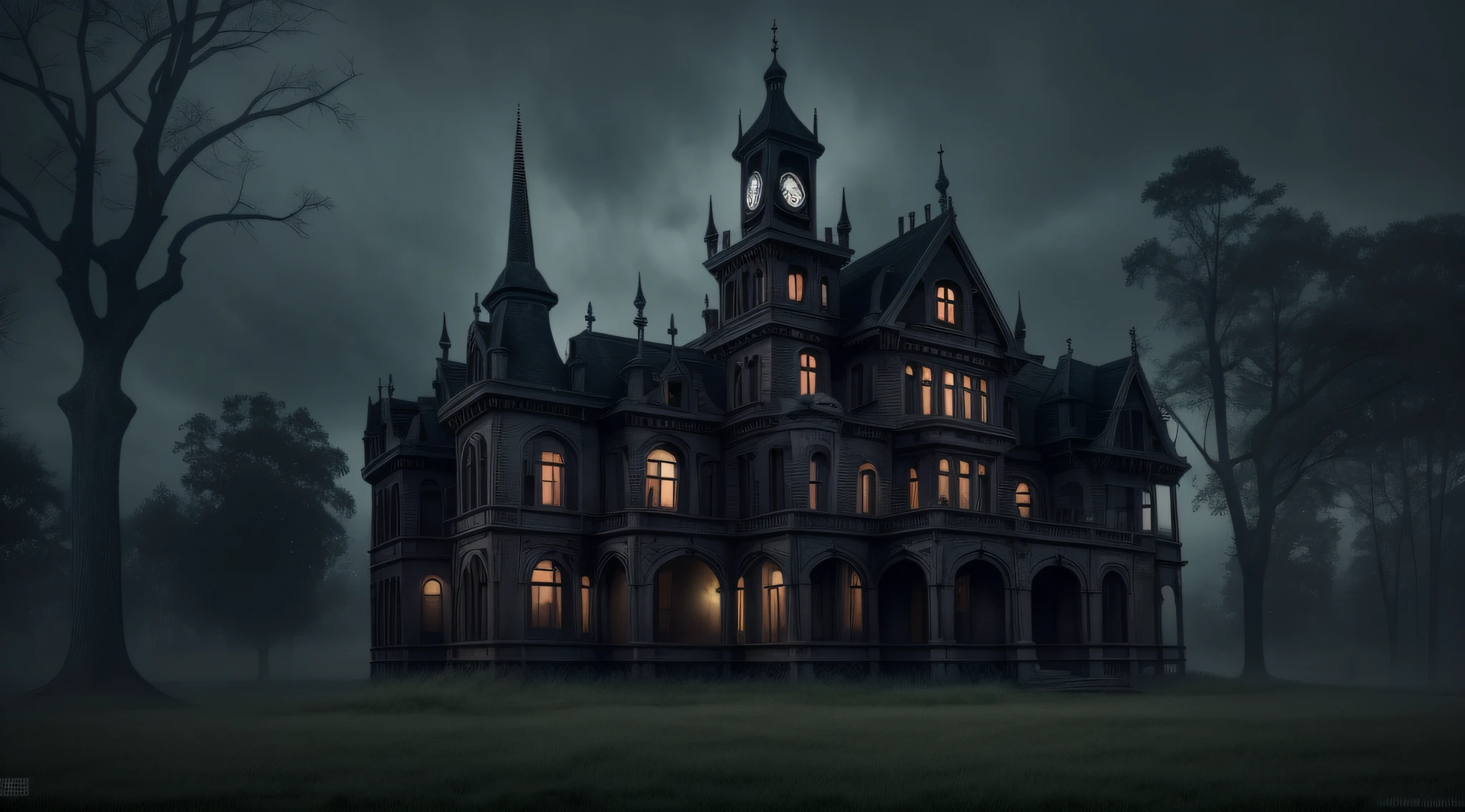 arafed image of a creepy mansion with a clock tower, spooky mansion, gothic mansion, haunted house themed, haunted gothic hotel, haunted house, scary gothic architecture, haunting and spooky, haunted mansion, architecture mystery, misty castle, spooky and scary atmosphere, urban fantasy setting, location of a dark old house, eerie looking, an old abandoned mansion, haunted, mansion --auto --s2