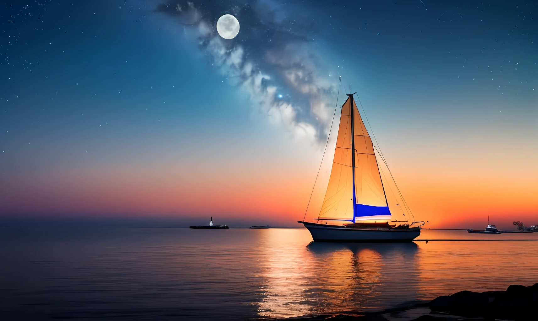 Sailboat, night, aesthetic, stars, moon, shore, 4k, highest quality, realistic, detailed, real, lights