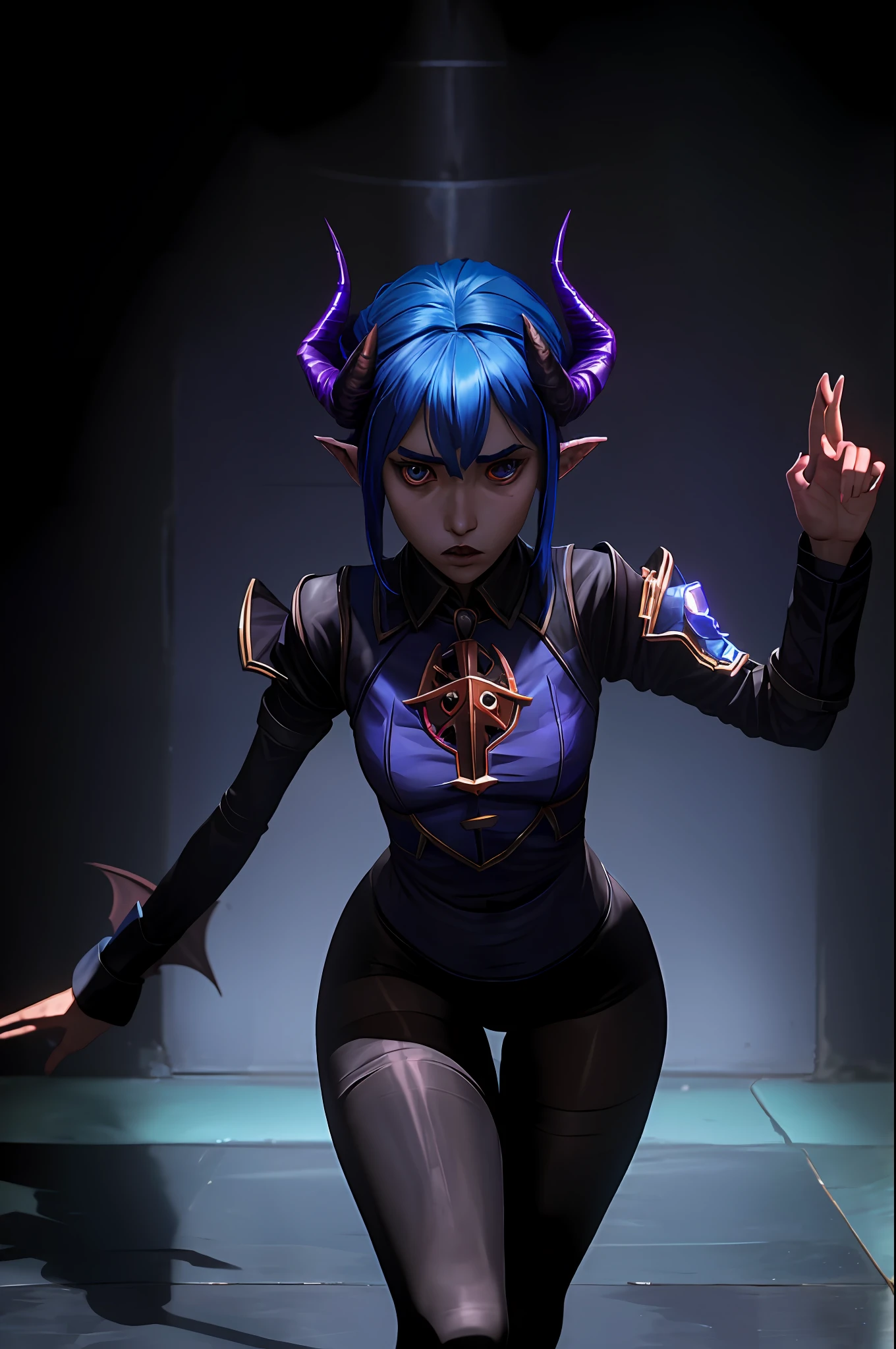 (masterpiece: 1.2, best quality), (1 loli , solo),bad luck \(league of legends\),blue (pantyhose:1.1), large breasts, (Dynamic stance), demon girl, ( small demonic horns:1.1), (, (heaven), )