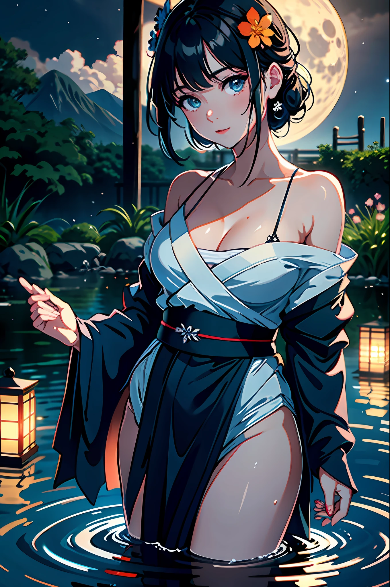 1girl, breasts, moon, lantern, night, solo, large breasts, hair ornament, wet, kimono, japanese clothes, wading, water, hair flower, flower, outdoors, sky, full moon, rain, black hair, off shoulder, mountain, cloud, holding, sash, bare shoulders, paper lantern, standing, white kimono, night sky, sideboob, obi, wet clothes, bangs, tree, from side, reflection, short hair, cloudy sky, wet hair (((masterpiece),(extremely detailed CG unity 8k wallpaper),best quality,,solo,1girl,cinematic lighting,detailed background,beautiful detailed eyes,bright pupils, (an extremely delicate and beautiful),(Beautiful and detailed eye description)， ultra-detailed,masterpiece,)),