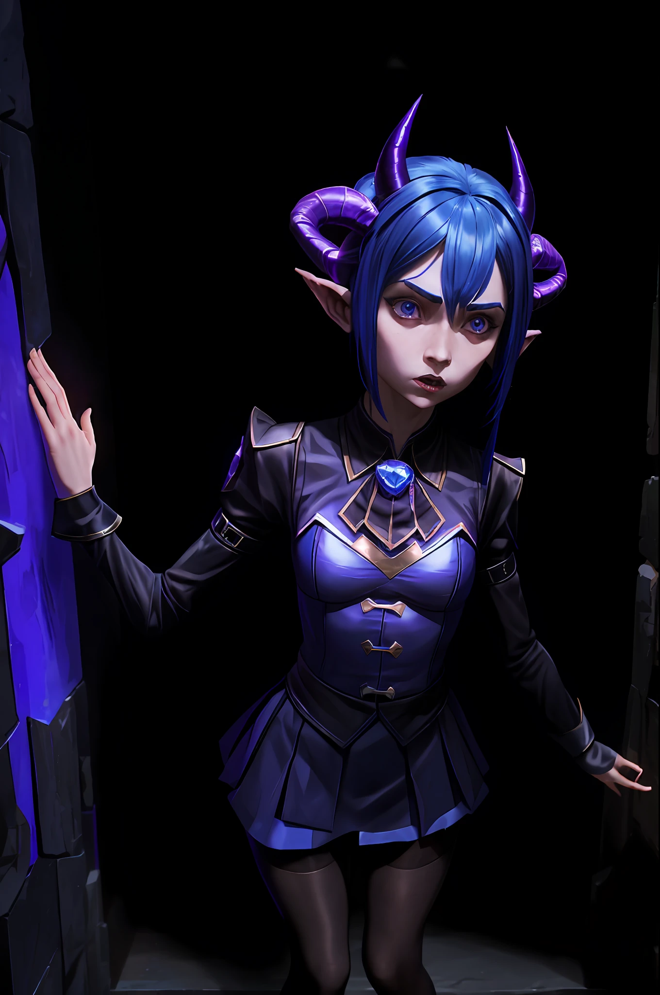 (masterpiece: 1.2, best quality), (1 , solo),bad luck \(league of legends\),blue (pantyhose:1.1), large breasts, (Dynamic stance), demon girl, ( small demonic horns:1.1), (, (heaven), )