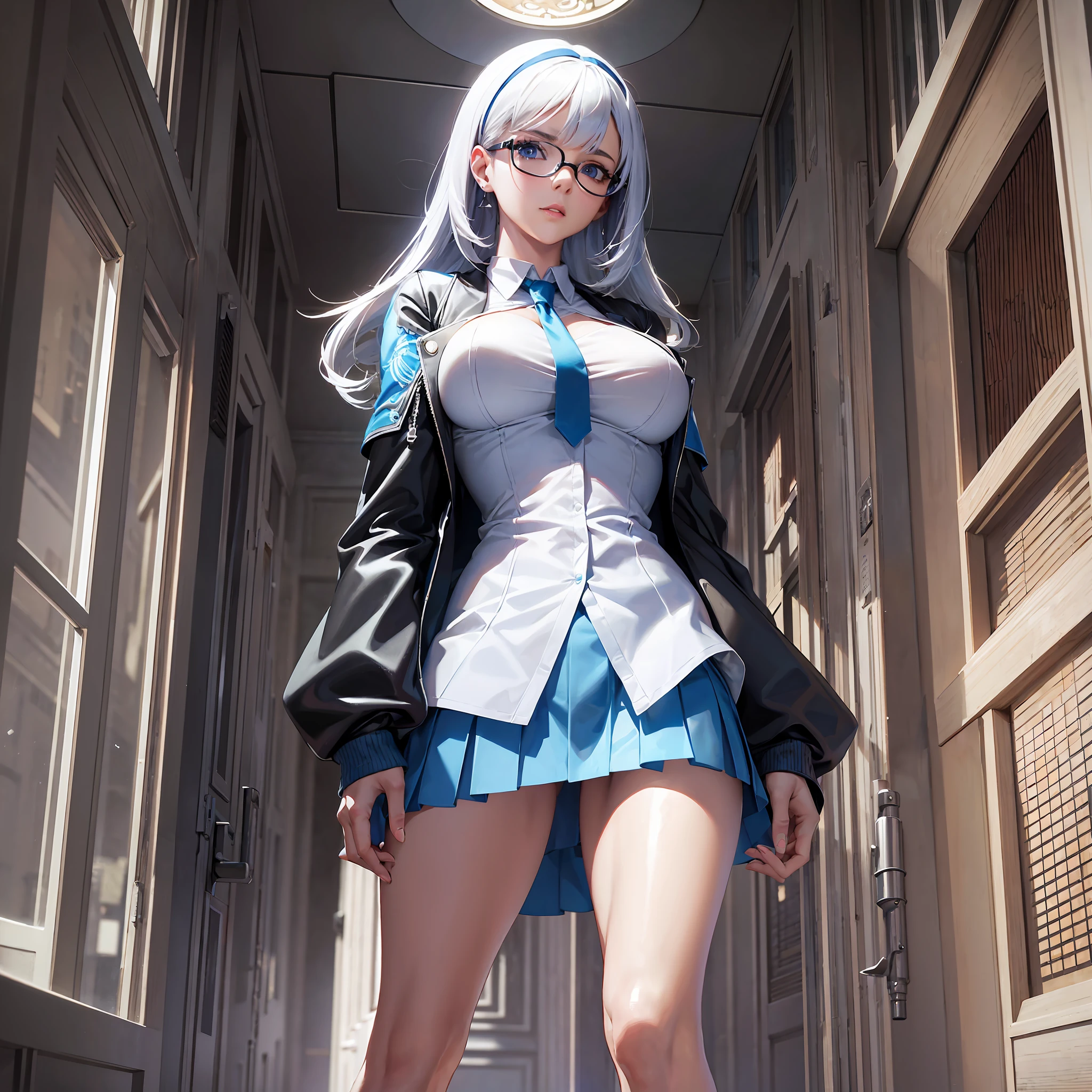 From below, standing legs, arms crossed, intelligent beauty, black glasses, light blue sexy underwear, black knee-high socks, white open chest cardigan, flared miniskirt, high heels, white shiny long bob cut, high-rise cut, mullet hairstyle, shiny shiny blue big eyes, shiny lips, big breasts, abs, slender, full body, high resolution, top quality, Masterpiece, Very High Image Quality, Super Detail, Ultra Realistic, 3D, Anime, Manga, Illustration, Fantasy