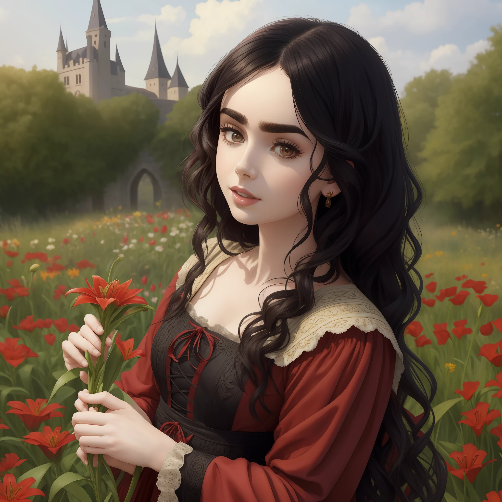 Lily Collins with curly black hair, faded red medieval dress, picking flowers in a flower-filled garden