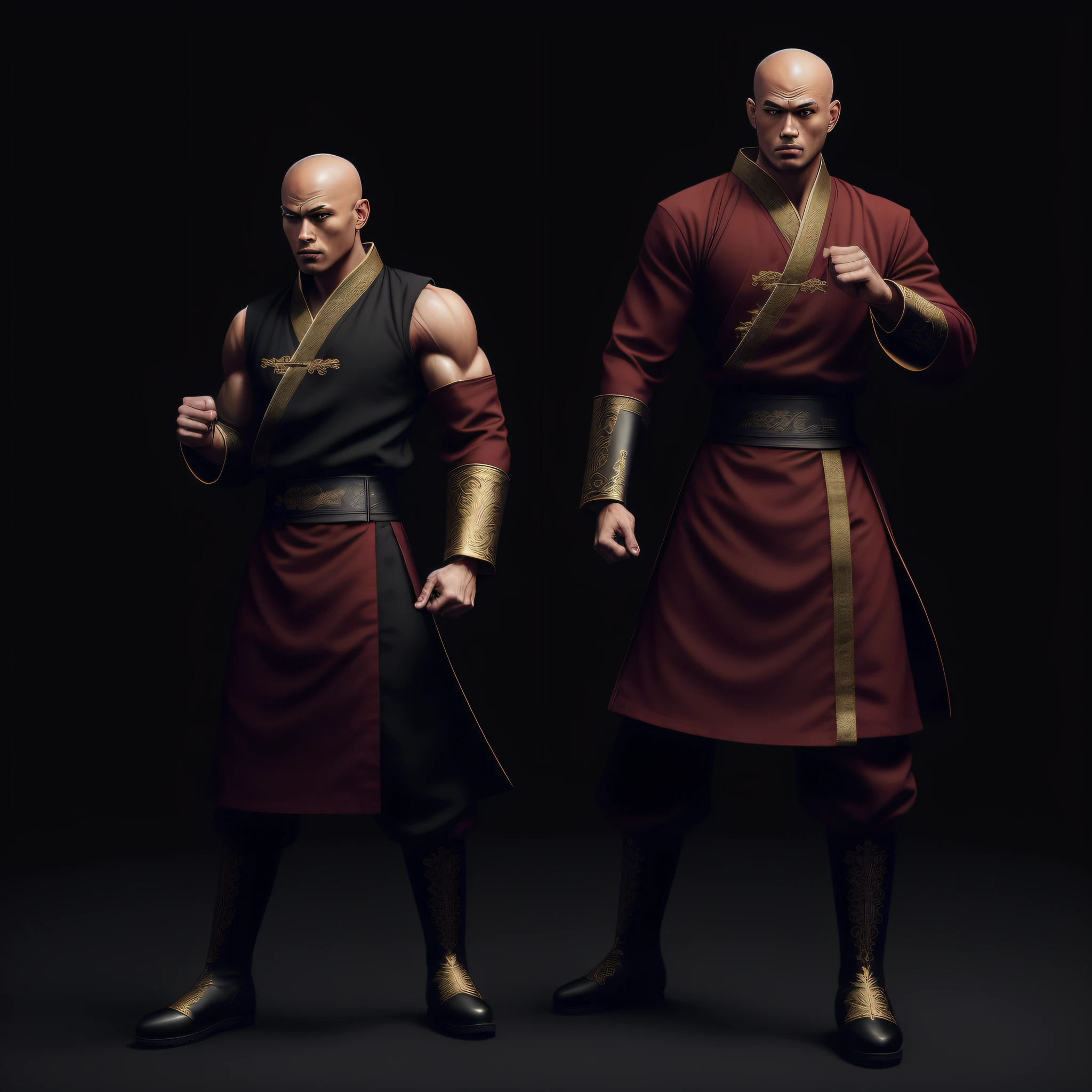 1 monk, monk facing camera, full body, perfect anatomy, (((perfect hands)), detailed intricate, costume, detailed dress, intricate dress, embroidered clothing, martial arts, rage, hd, 8k, ((shaolin)), ((monk)), warrior, artstation, powerful, realistic, art, masterpiece, standing, facing camera, facing front, looking forward, without weapons, with hands fighting posture, hands on the side of the body,  Master Abbot, brown skin, black skin, brown eyes, costume in the lightest colors- black pants, red sash, green windbreaker, golden details, wearing black boots white details, minimalist clean background. (perfect body proportion), ((hand with five perfect fingers)), (perfect anatomy),(bald) hyper-realistic, 8k, mystical, brutal, fight, berserk, anger, hd, 8k, soft lighting, white background, high quality, maximum quality, flawless, one character per image, keep distance between one character and the other, strong, muscles, powerful.