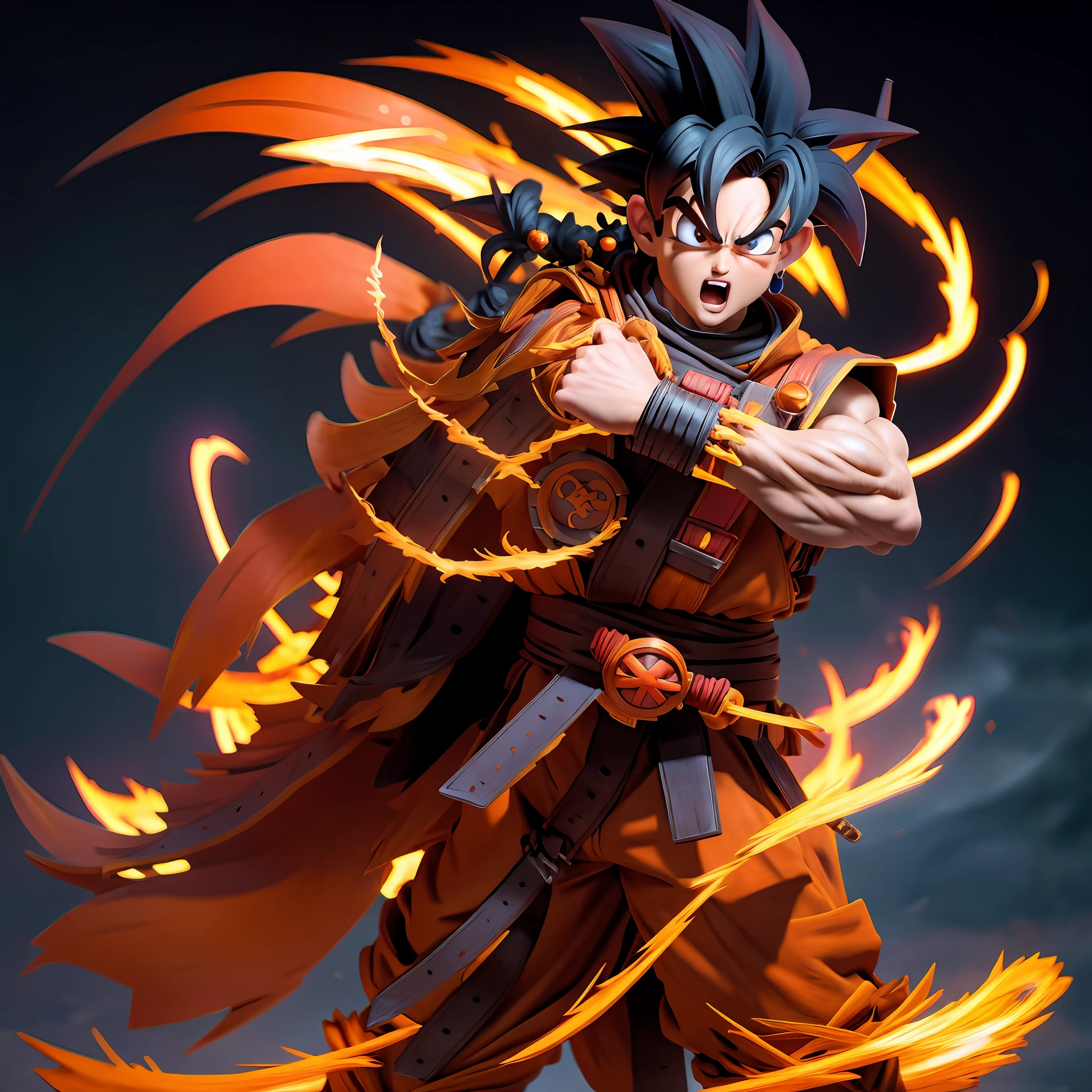 goku with his fist towards the camera, swirling piercings fog and fire, Vivid 32k UHD digital art rendering, professional photography, Hasselblad camera, ultra-sharp Intricate details