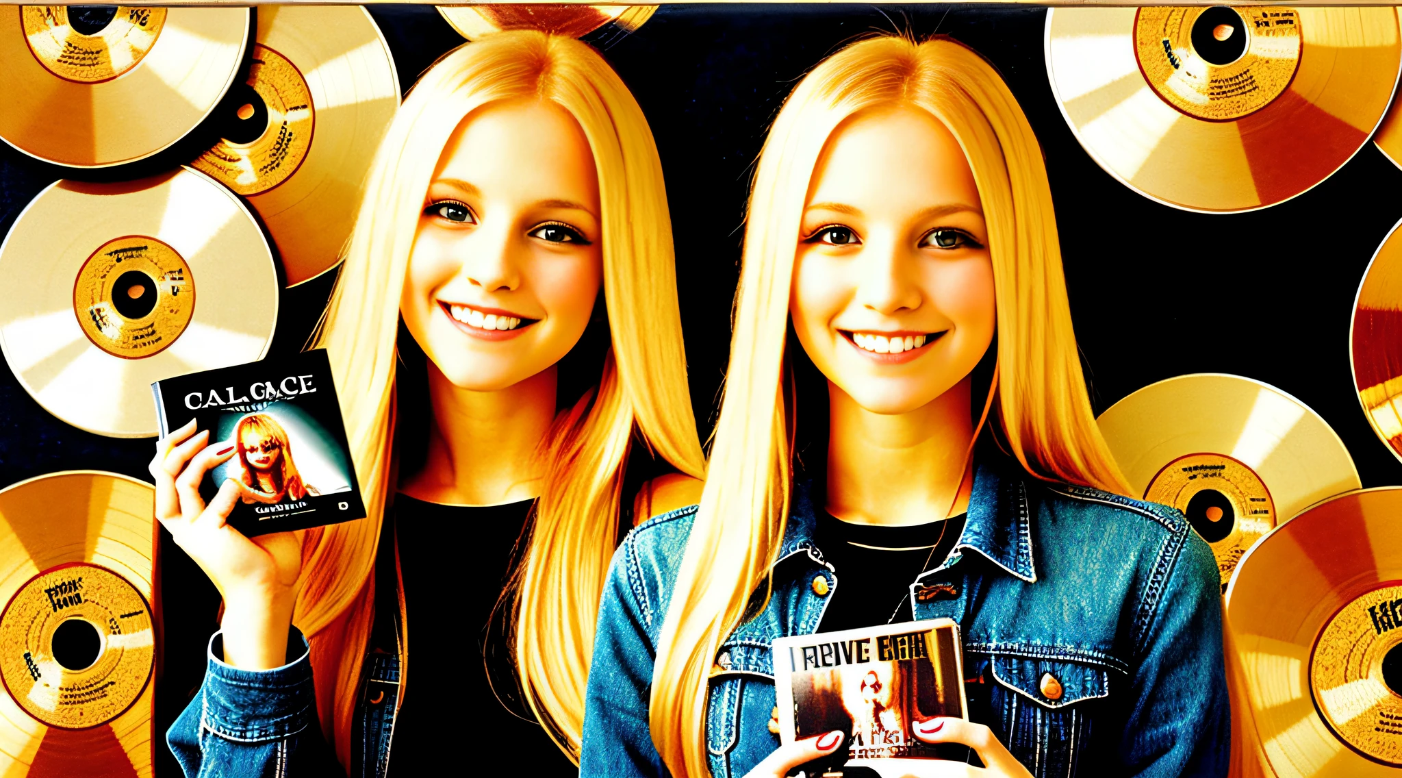 BLONDE GIRL LONG STRAIGHT HAIR, holding a CD in her hand and smiling, an album cover, CDs, her face on discs, polished : :, - I, digitally remastered, CD, Alexa Grace, subtitles, DVD, album cover!, VTM, alternative album cover, digital art, 3 - D, 3-D, B3D, Sony, cute young redhead girl