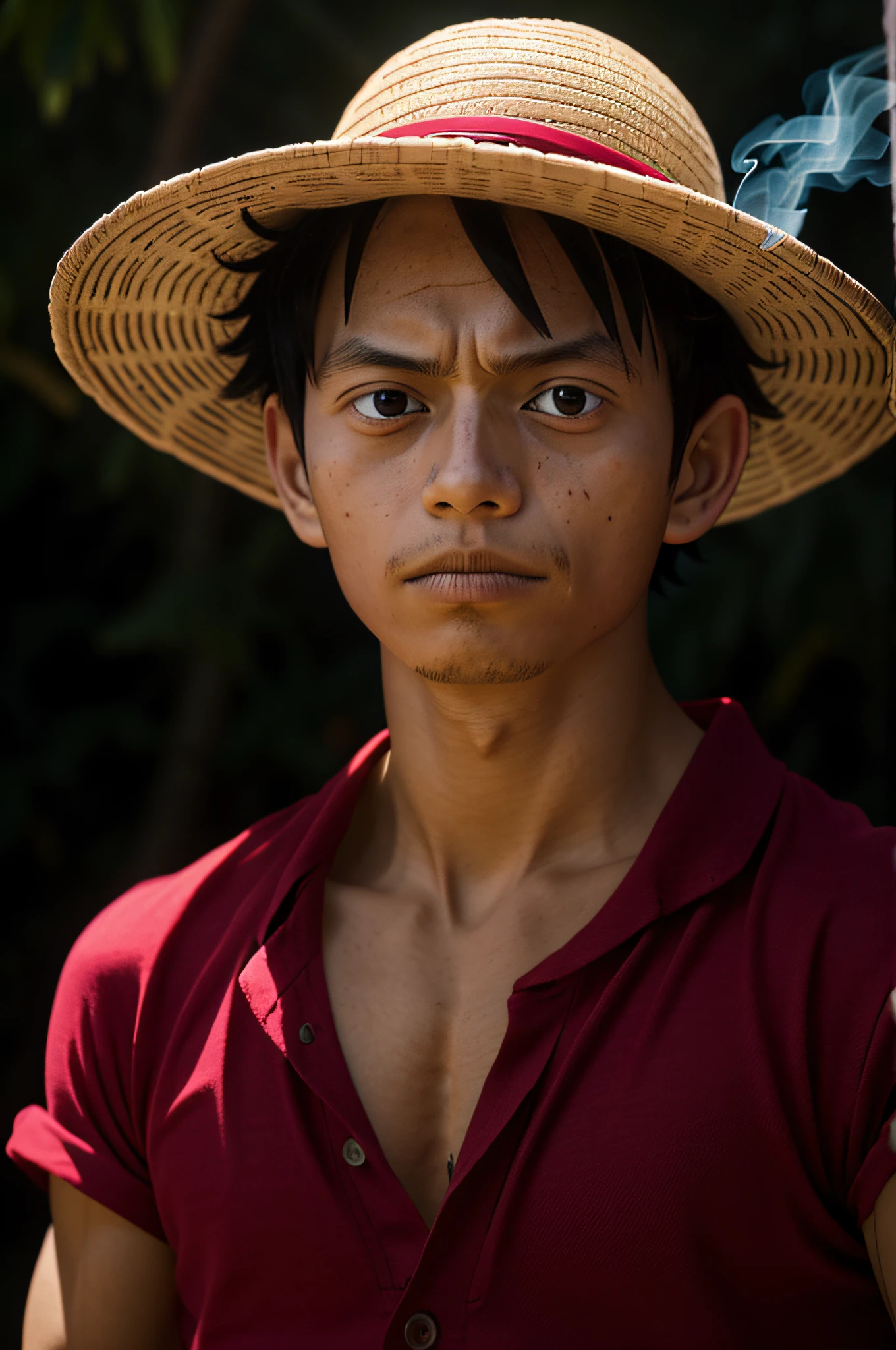 1boy, wanostyle, monkey d luffy, straw hat, looking at the viewer, solo, upper body, ((masterpiece)), (best quality), (extremely detailed), depth of field, sketch, intense dark shadows, sharp focus, soft lighting, hdr, colorful, good composition, smoke around, spectacular, closed shirt, anime screencap, scar under the eyes, ready to fight, black eyes, outdoors, night