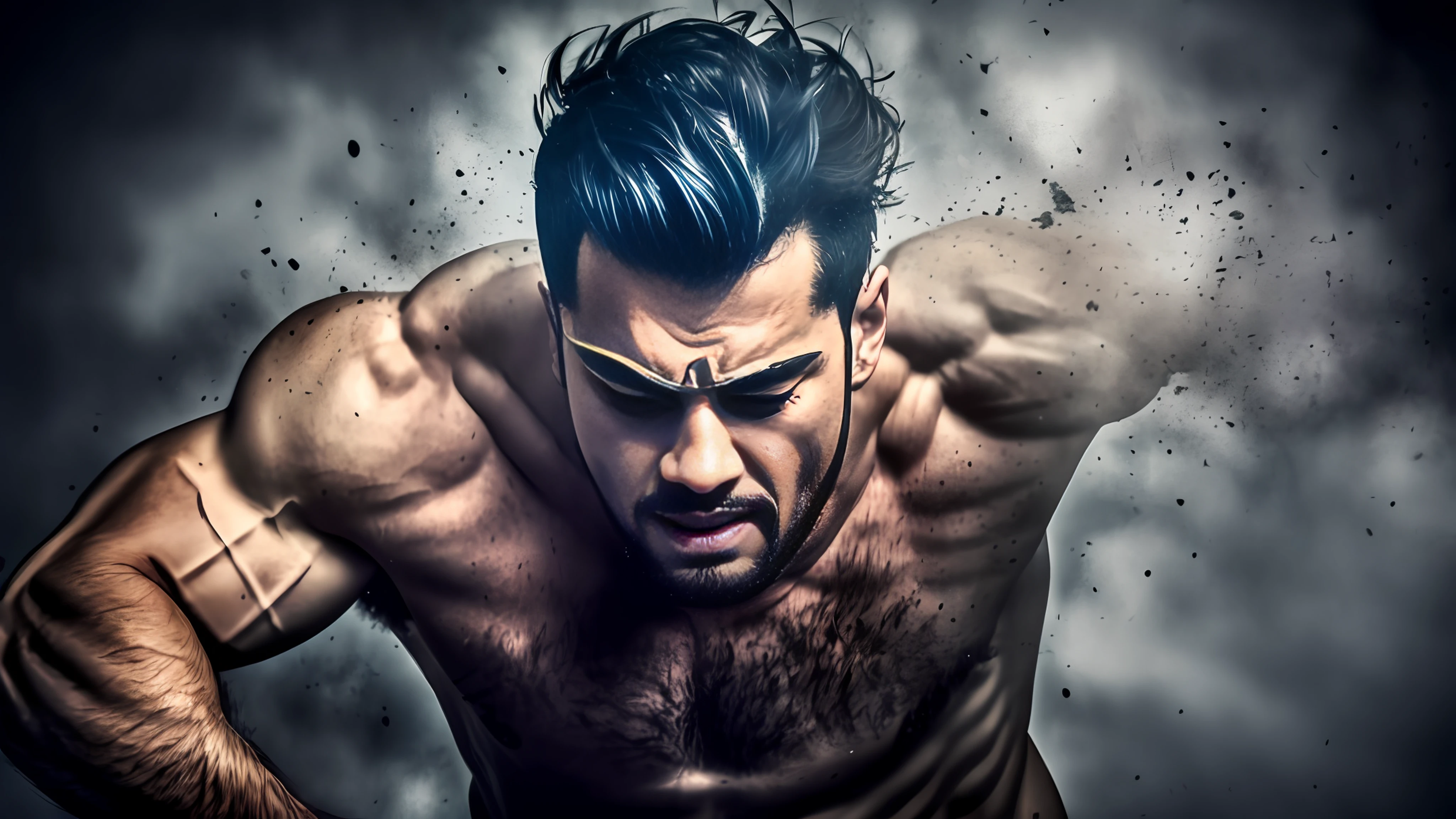 a man fighting feeling pain, face up, wearing a black shirt, tearing his shirt collar with his hands, eyes closed, teeth grinding, dynamic pose, movement, frown, strong depth of field, image in Anne wth an E opening style, side view, abstract art, faded colors, perfect, flawless, sharp, dark backdrop, black background,