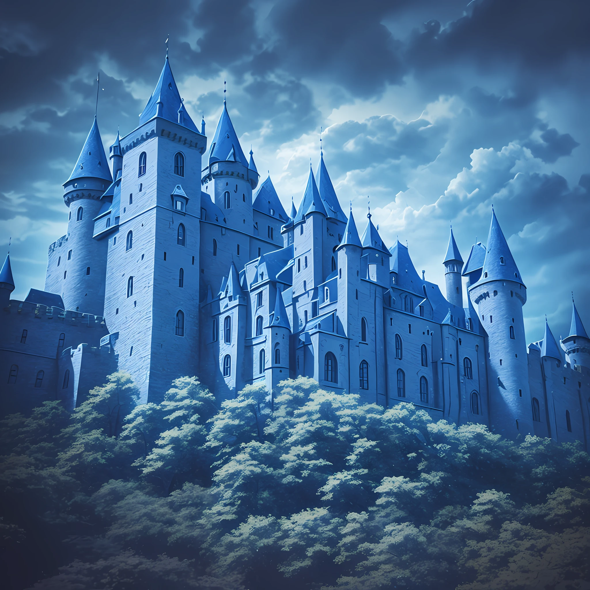 a blue medieval castle, storm background, Ultra realism, shadow cast, stereogram, pov, atmospheric perspective, 8k, super detail, accurate, best quality --auto --s2
