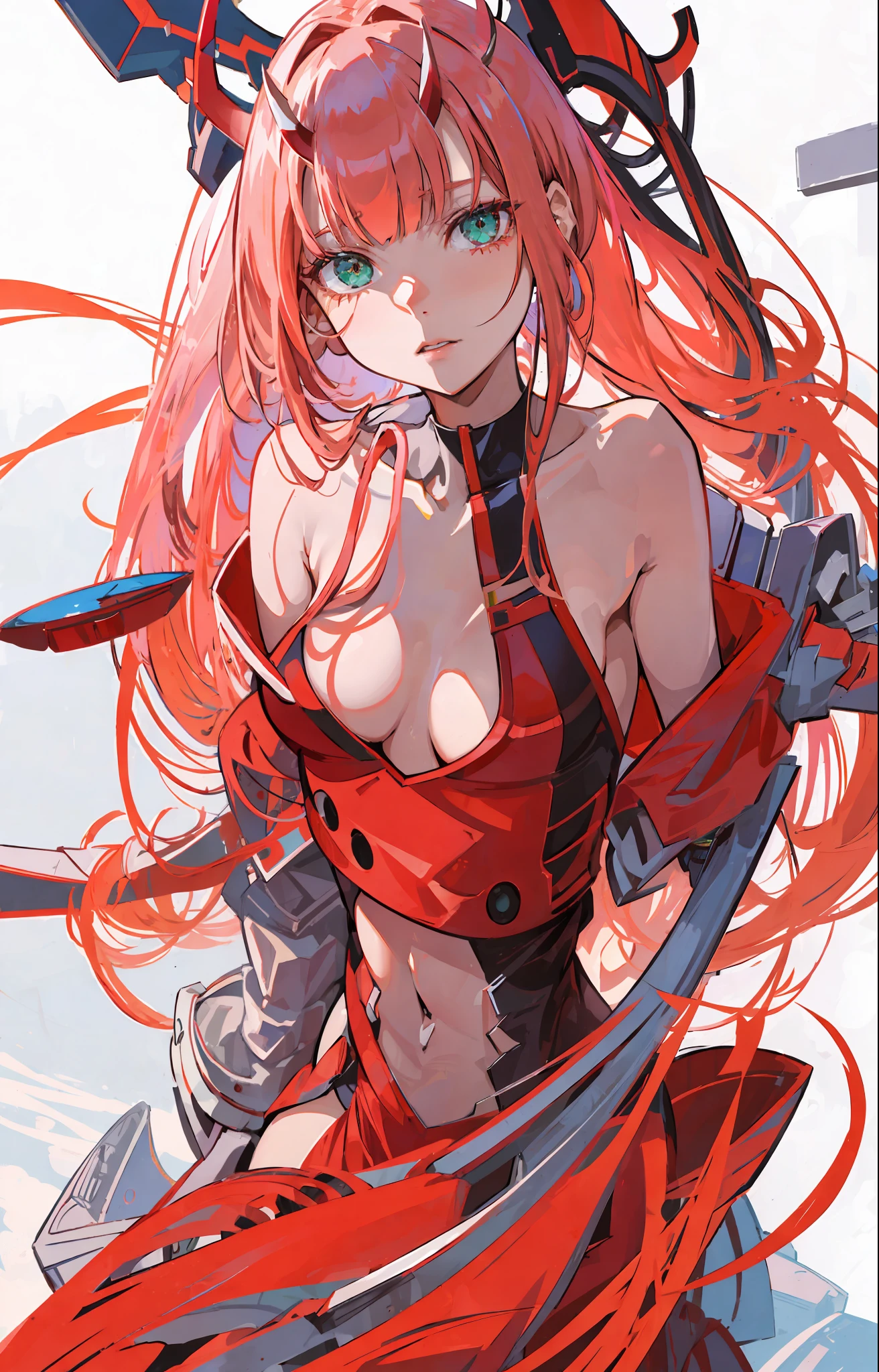 zero two \(darling on franxx\), darling on franxx, 1girl, fringe, bite, from behind, lying down, bed, shadow, green eyes, horns, long hair, looking at the viewer, small breasts, big ass, makeup, red bodysuit, pink hair, red eyeshadow, tight skin, solo