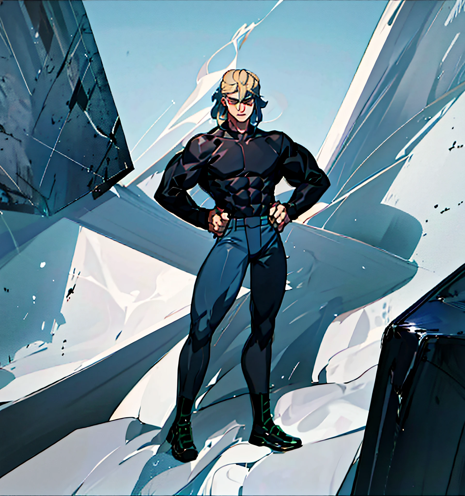 1boy, long hair and dark blonde, tall, muscular, serious face, with a black shirt and dark blue pants, with white anchor