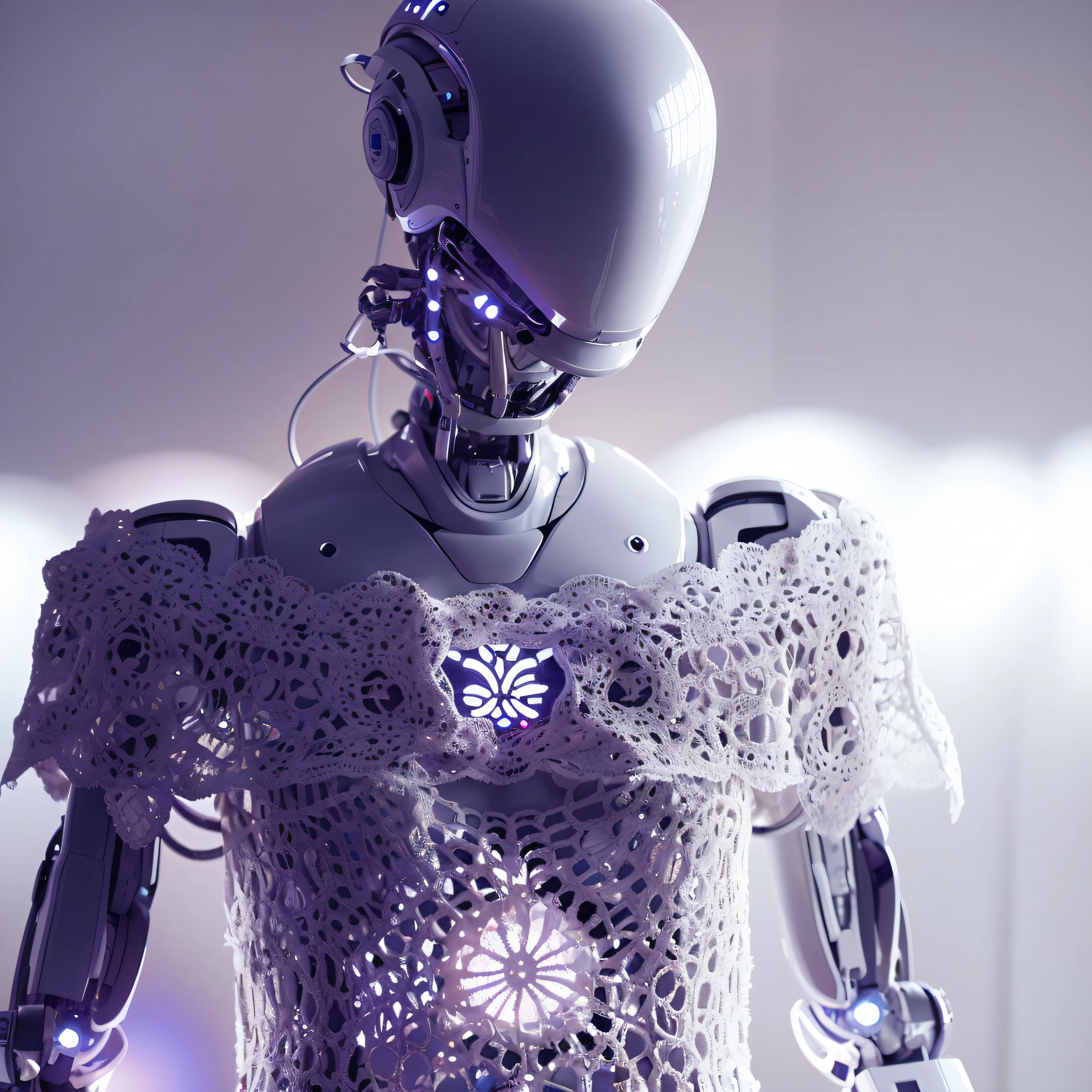 There is a robot that is standing in a room with a lace dress, futuristic robot body, robotic body, detailed humanoid, integrated synthetic android, white cyborg fashion shot, humanoid robot, white robot, robot with human face, cyborg fashion model, futuristic robot, partial robotic body, robot body, porcelain cyborg, strong artificial intelligence, the most advanced humanoid robot, the AI singularity to come