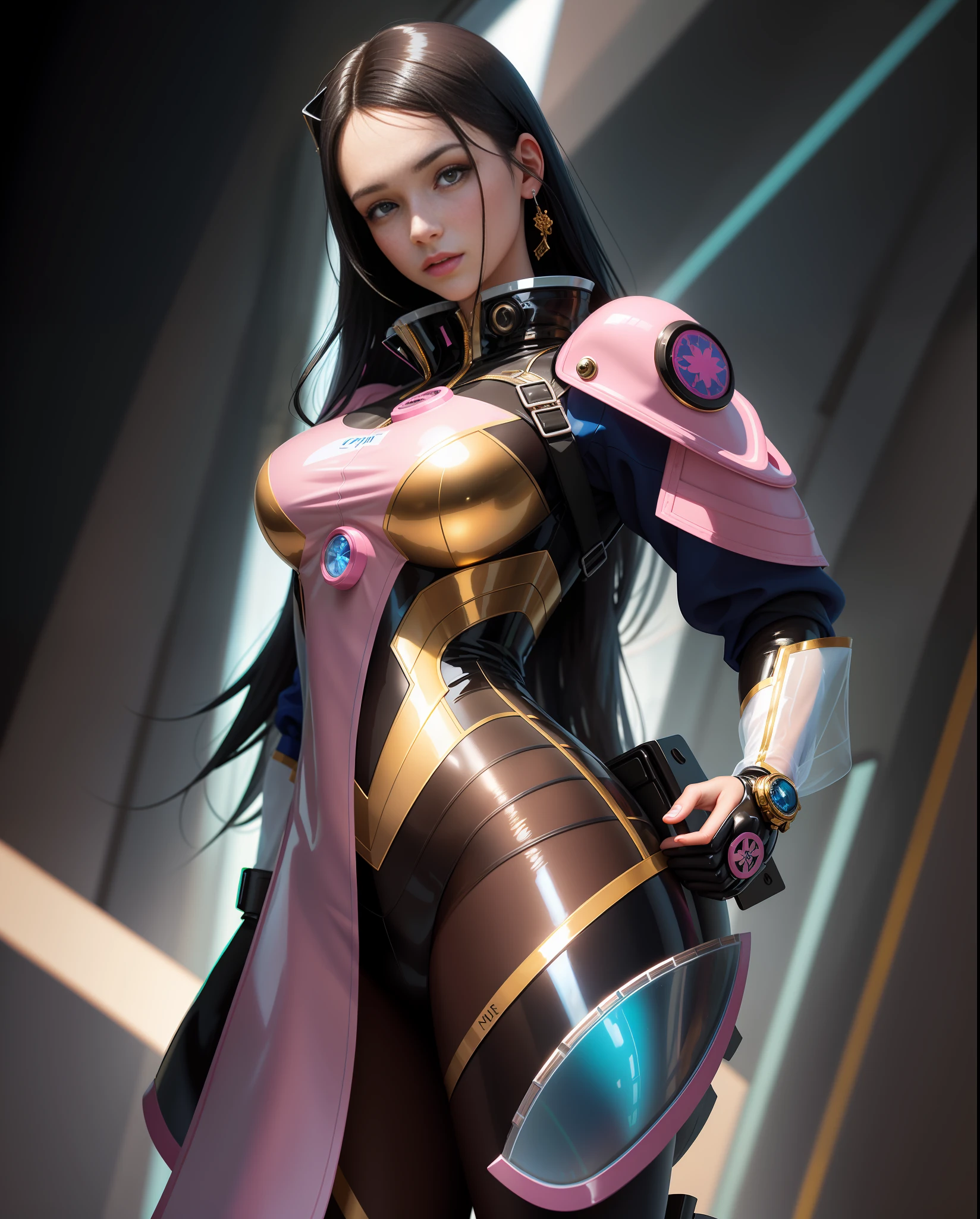 The highest image quality, a painting of a woman standing, striking details, ultra-high resolution, (realism: 1.4), the best illustration, favorable details, highly condensed 1girl, with a delicate and beautiful face, dressed in bright transparent latex, flowing black hair, clothing with gold and silver details, the background is a pink and blue mist with diffused light