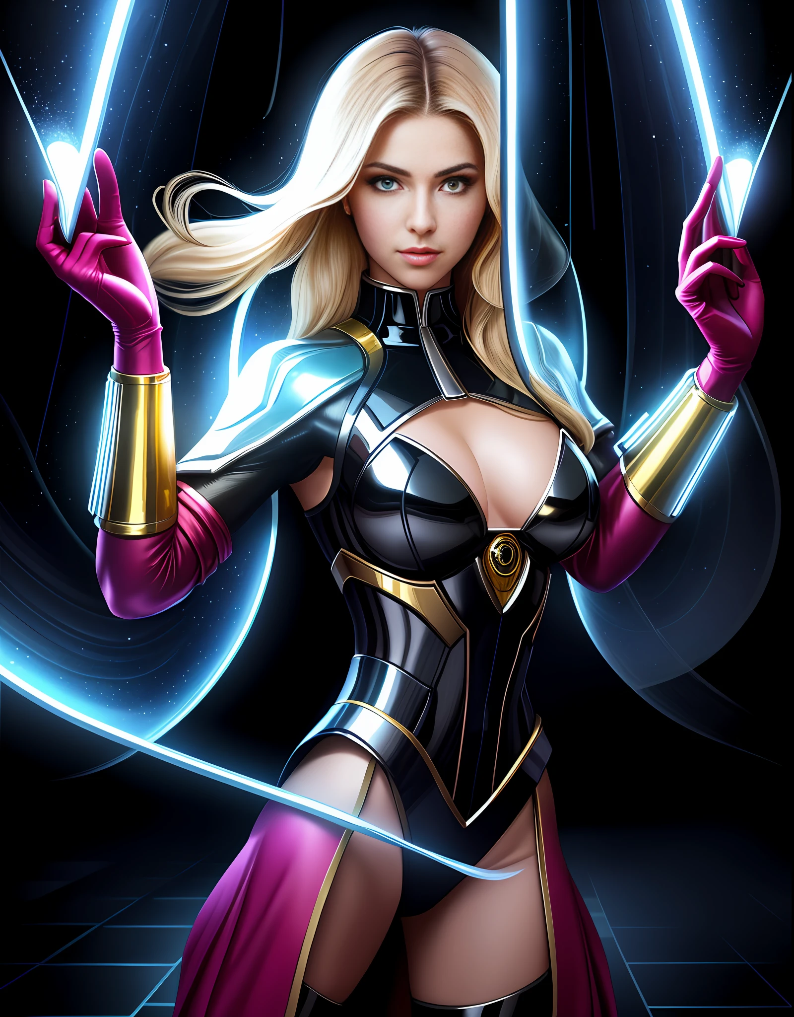 The highest image quality, striking details, ultra-high resolution, (realism: 1.4), the best illustration, favorable details, highly condensed 1girl, with a delicate and beautiful face, flowing blonde hair, transparent gloves, dressed in a red and silver lock, clothing with gold and silver details, the background is a high-tech lighting scene of the city of the future.