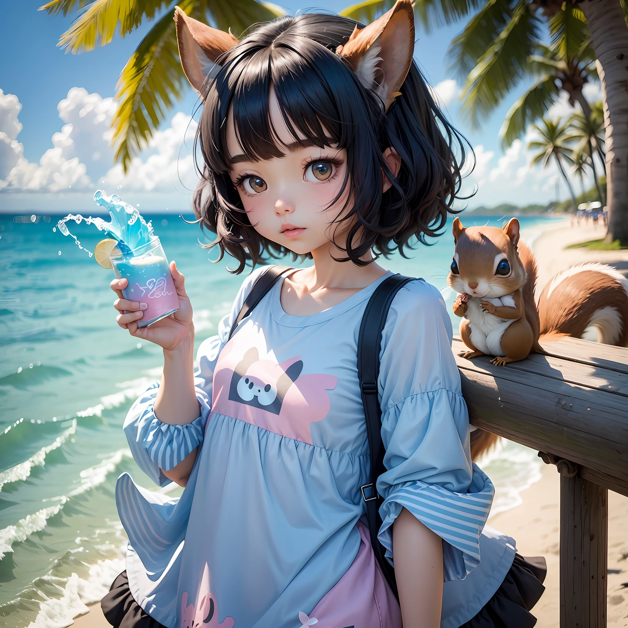 1gir, squirrel ears, fluffy squirrel tail, furry tail, very kawaii and cute, water summer vacation vibes, her hair is black with blue highlights and stripes, eyes are bright, her outfit is modest, with a a transparent see-through shirt, color palette: pink, blue, sky blue, white, small yellow details --auto --s2