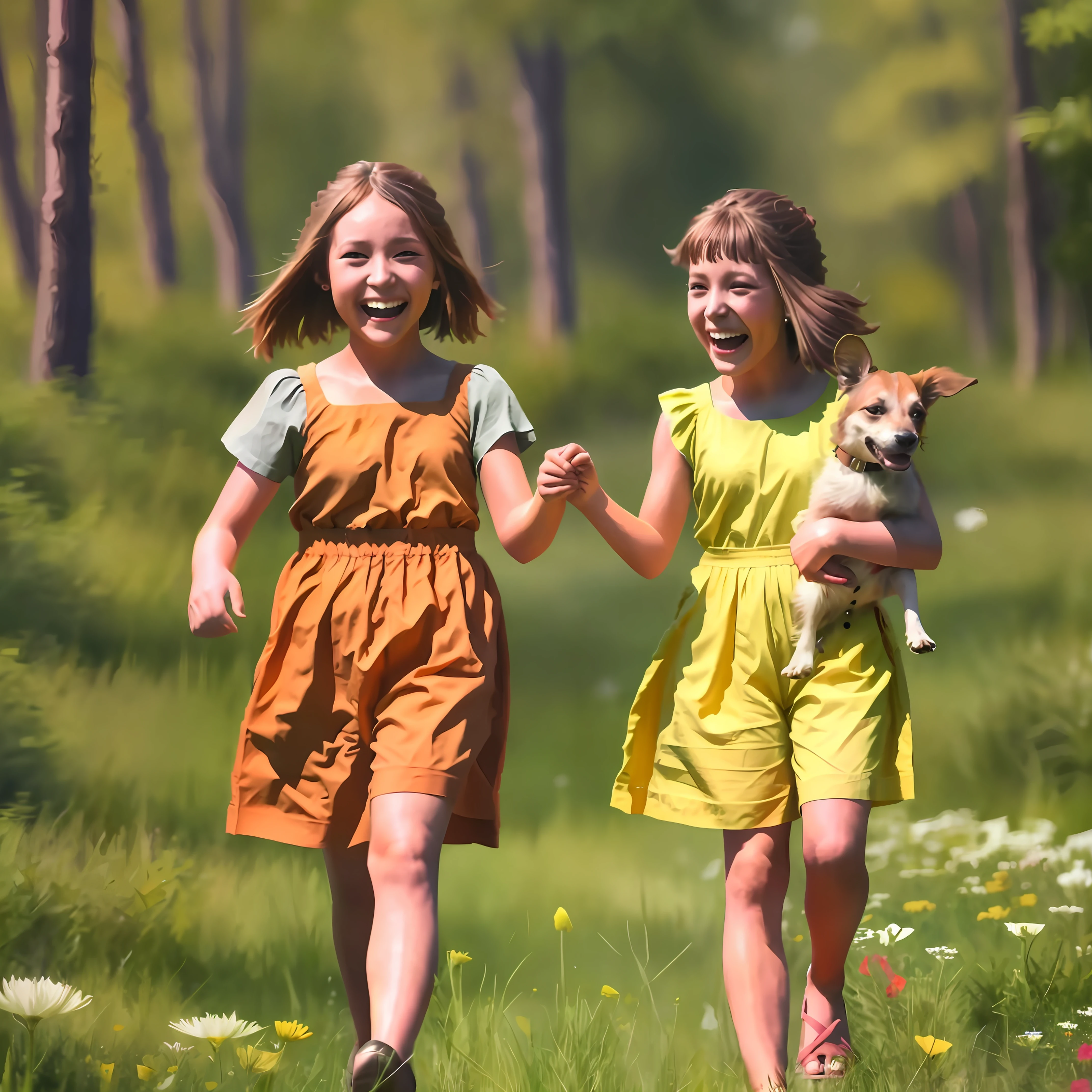 Girl walking her dog in a field of flowers and laughing, 8k ultra realistc