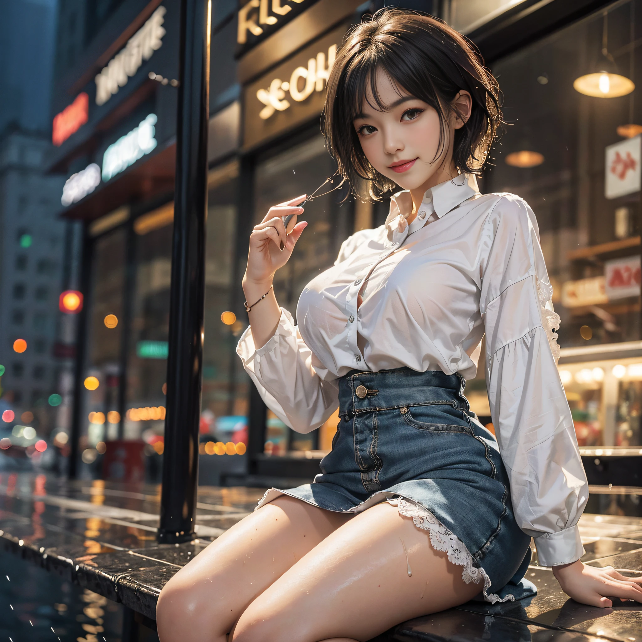 (8K, Top Quality, Masterpiece: 1.2), (Realistic, Photorealistic: 1.37), Ultra Detailed, ((1 girl))), Solo, Beautiful Details Sky, More Cafe, Night, Sitting, Date, (Blushing), (Smile: 1.15), (Open Mouth), Big breasts, Beautiful Detailed Eyes, (Shirt: 1.85), Night, Wet, Rain, White Lace, (Short hair: 1.2), Floating hair Novafrog style, ((full body)), stand, sexy, cute