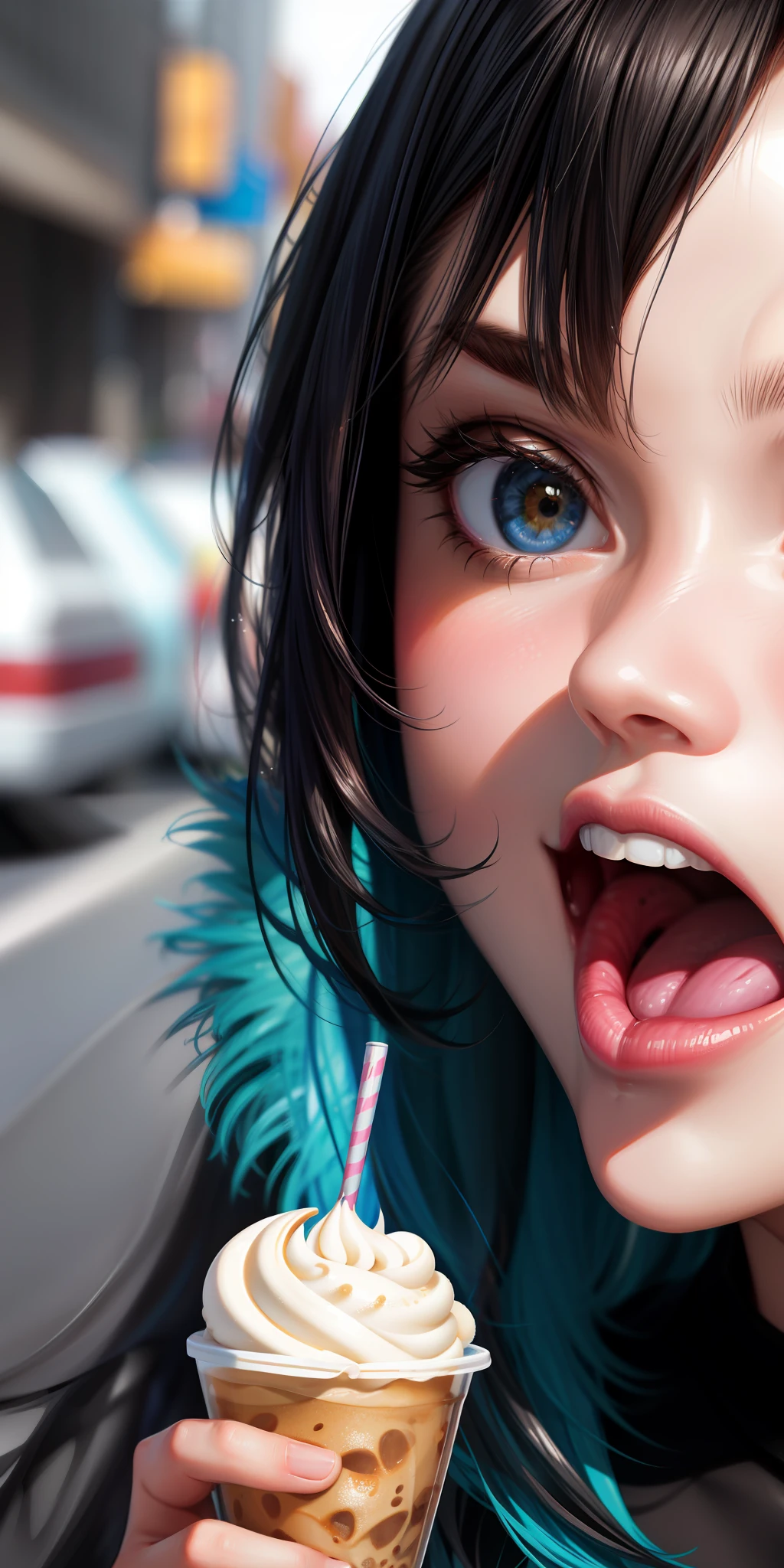 realistic, woman, selfie, wide mouth, licking, soft serve ice cream