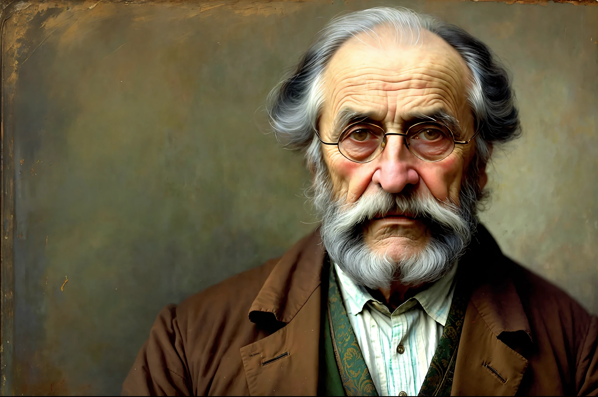 A portrait of the old 1900s Portuguese poet in rags, ((overwhelming fatigue)), age wrinkles, conceptual art, pastel oil painting, grumpy gray colors, glaring, messy stylestyle of Alexey Savrasov, Ivan Shishkin, Ilya Repin, (cel shaded:1.2), 2d, (oil painting:1.2) highly detailed