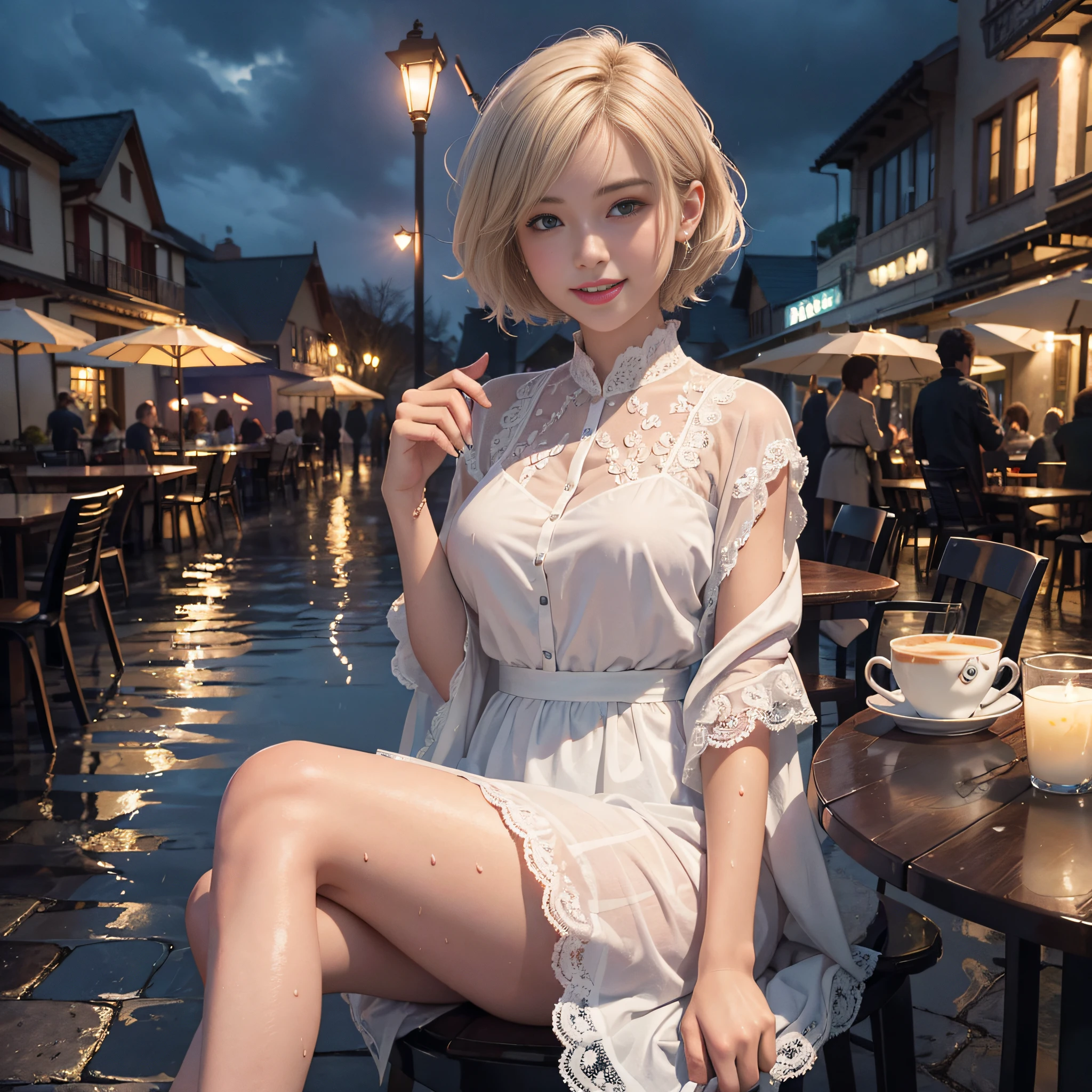 (8K, Top Quality, Masterpiece: 1.2), (Realistic, Photorealistic: 1.37), Ultra Detailed, ((1 girl))), Solo, Beautiful Details Sky, More Cafe, Night, Sitting, Date, (Blushing), (Smile: 1.15), (Open Mouth), Big breasts, Beautiful Detailed Eyes, (Shirt: 1.85), Night, Wet, Rain, White Lace, (Short hair: 1.2), Floating hair Novafrog style, ((full body)), stand, sexy, cute
