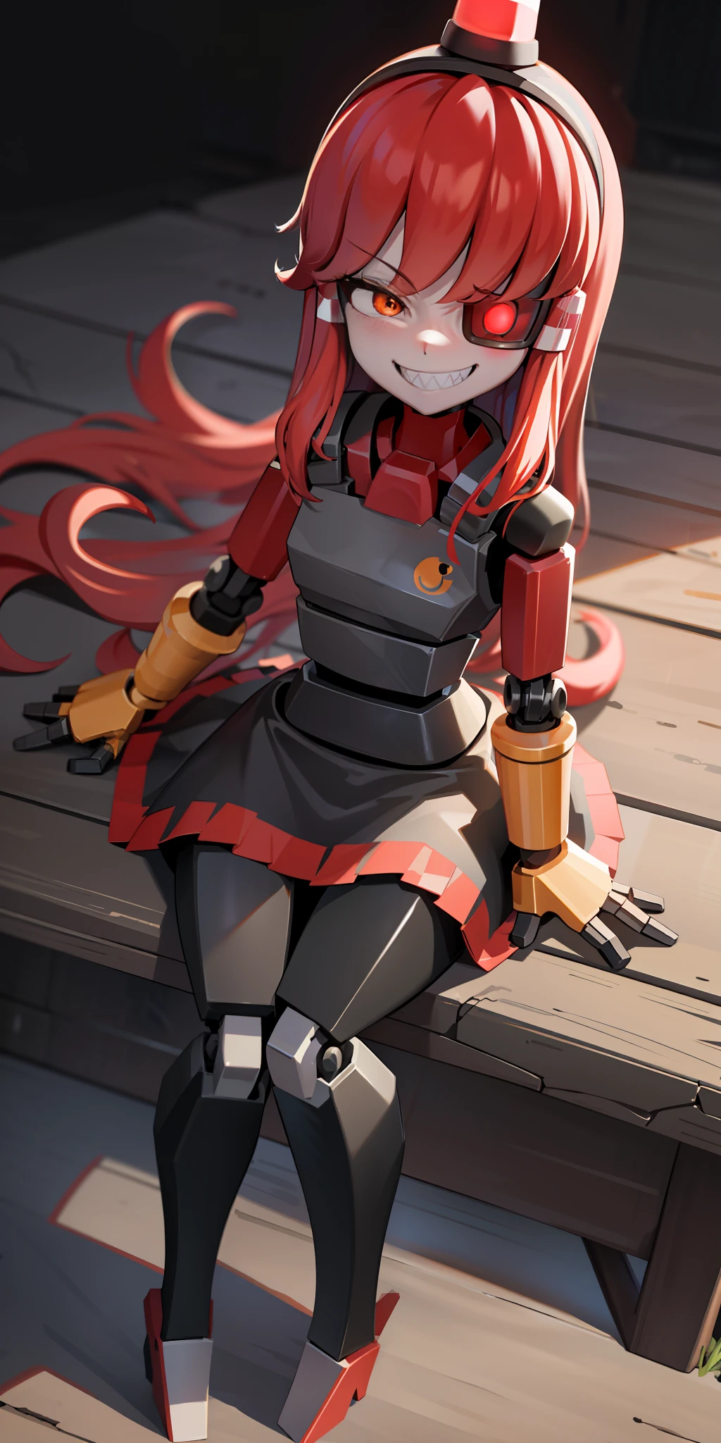 ((masterpiece, best quality)), mimi-sentry, fang, solo, humanoid robot, checkered skirt, eyepatch, siren hat, red hair, cowboy shot, full body, solo, smug smile, half-closed eyes, glowing red eyes, robot, animatronic, detailed hair, detailed body, detailed, detailed lighting, sharp teeth, sitting on a box, alley