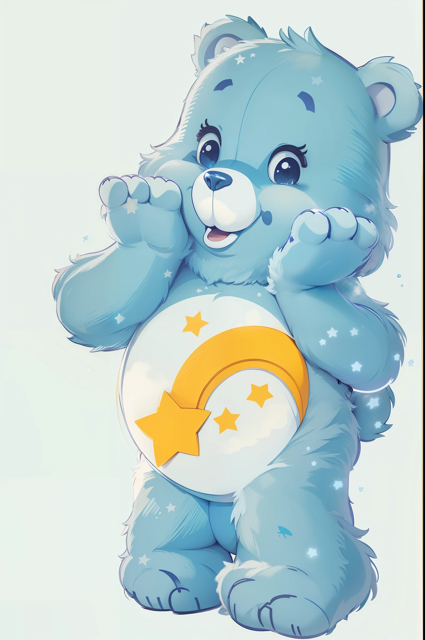 A light blue bear, white belly, a shooting star drawing on the belly.