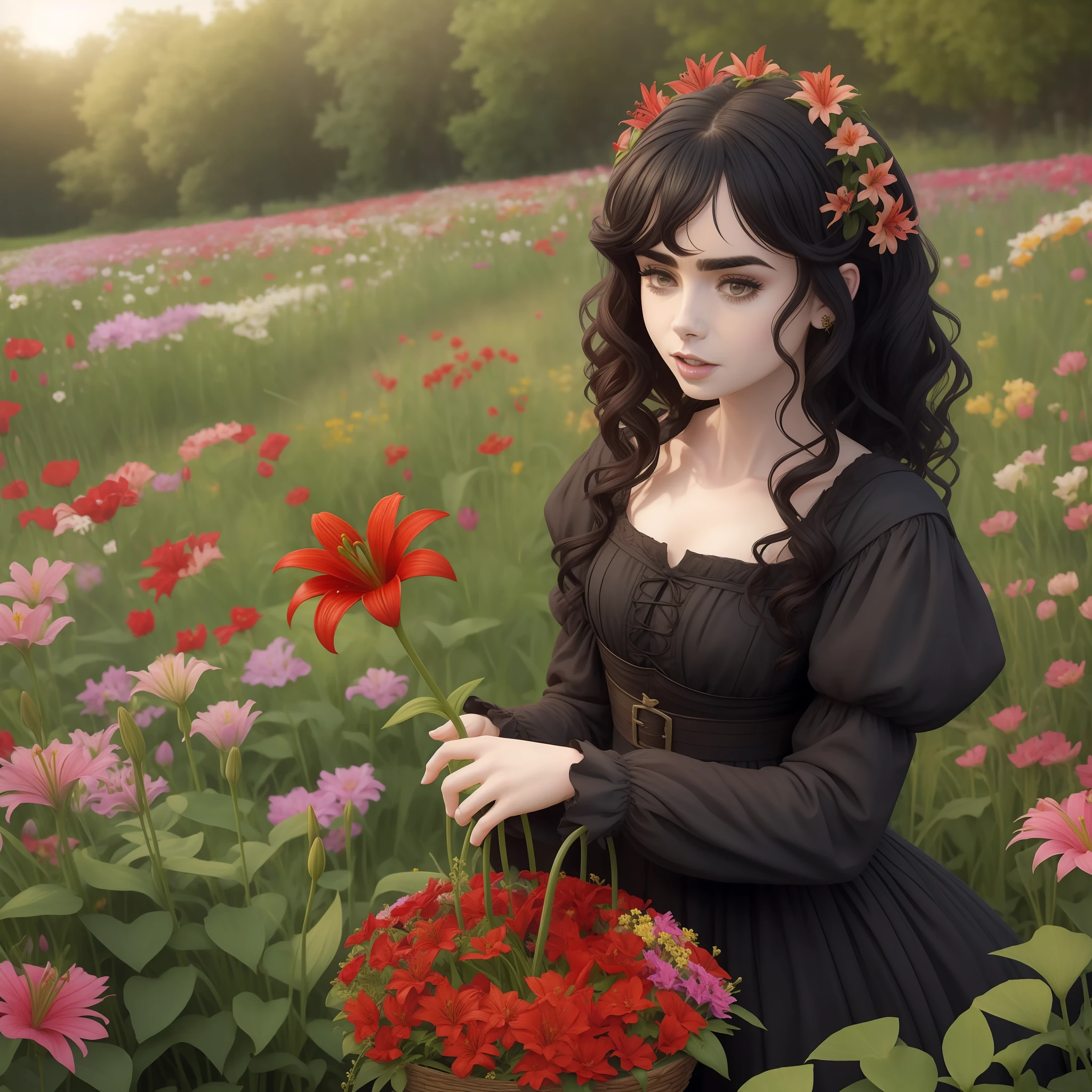 Lily Collins with curly black hair, faded red medieval dress, picking flowers in a flower-filled garden
