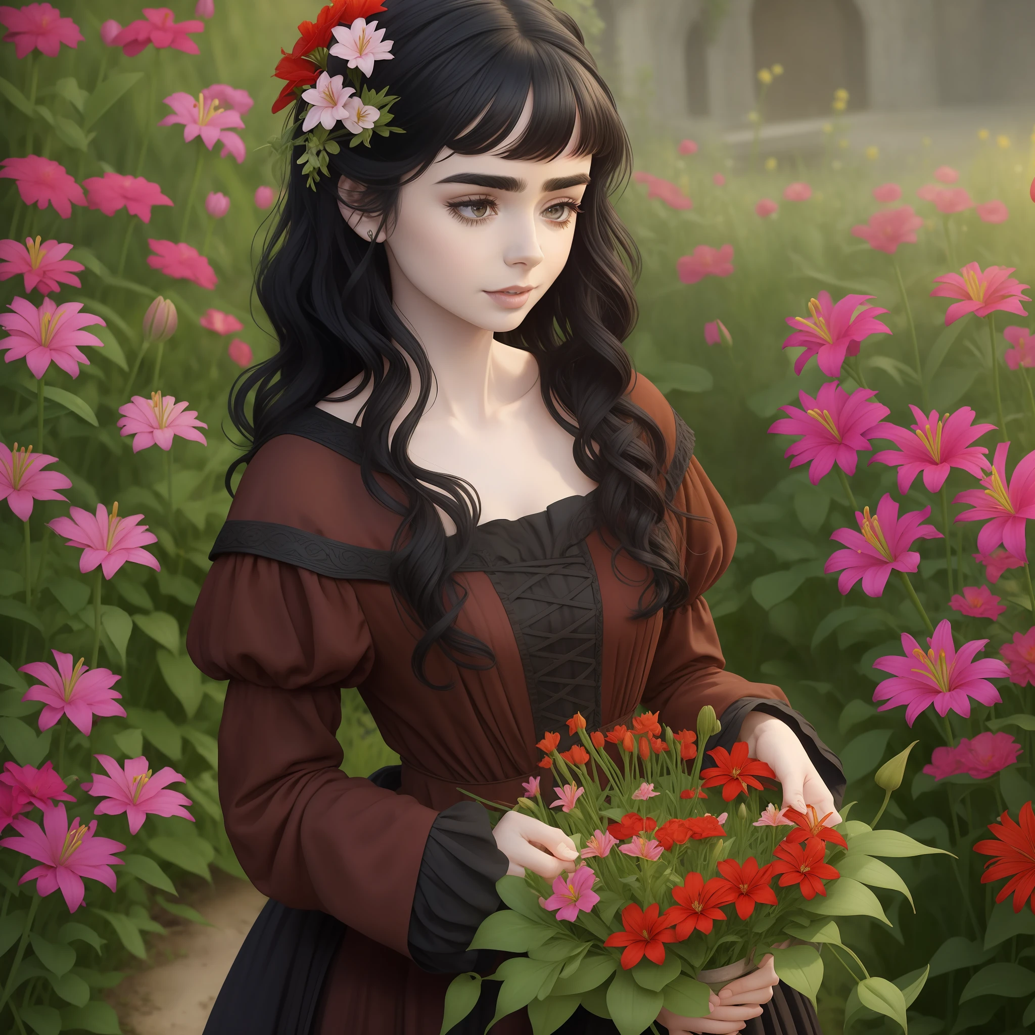 Lily Collins with curly black hair, faded red medieval dress, picking flowers in a flower-filled garden