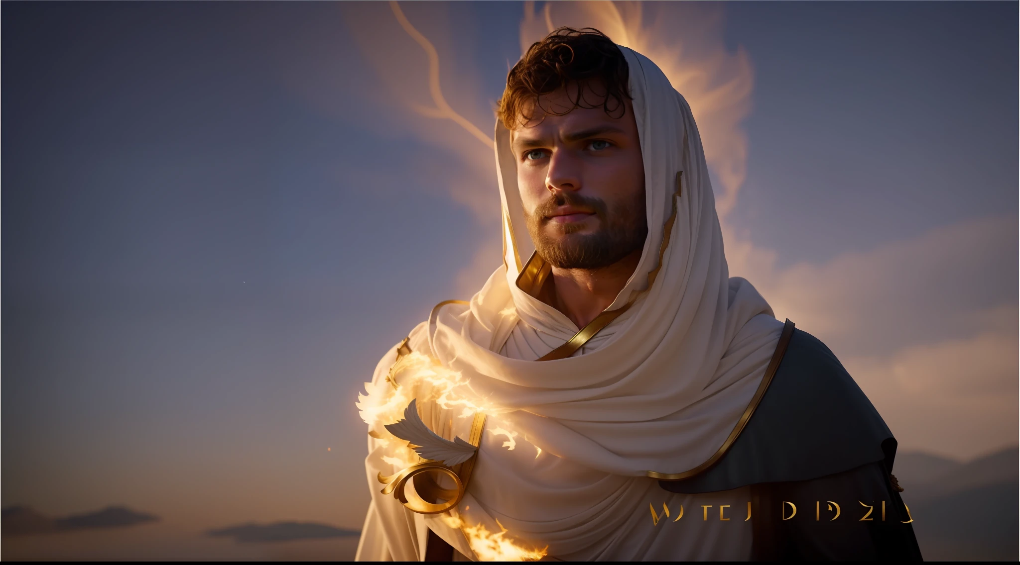 Jamie Dornan with large wings of white feathers on his back, tunic shining like fire, with celestial armor, large wings, Jamie Dornan, eyes of light, wearing short black beard, wearing Golden Crown, focus on the details of the face, coming out happy rays, serious and attractive man, wearing white tunic, magical and real effect, film cover, with magical light explosions, Powerful celestial warrior, similar to actor Jamie Dornan, magical sky image background and Greek temples, (8k, RAW photo, best quality, masterpiece: 1.2), (realistic, photorealistic: 1.37), professional lighting.