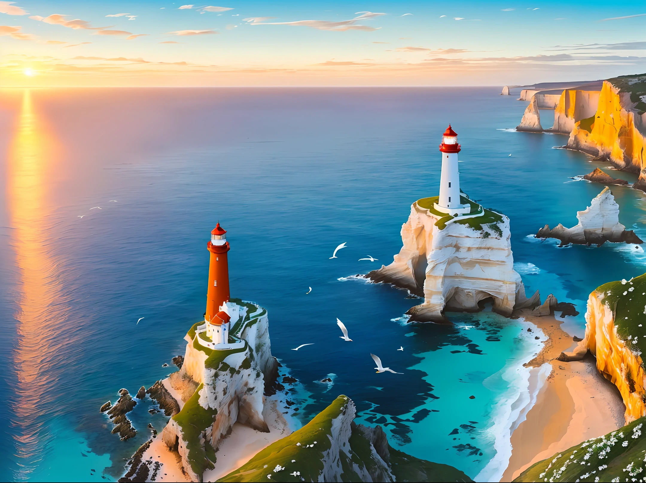 Expansive coastal view, (timeless beauty:1.2), (dramatic cliffs:1.1), pristine sandy beach, crystal clear turquoise waters, (gentle waves:0.9), (golden sunlight:1.2), (seabirds in flight:1.1), (whitewashed lighthouse:1.3), (majestic rock formations:1.2), (lush coastal vegetation), (vibrant wildflowers:1.1), (serene and calm atmosphere:1.2), (sense of tranquility and escape), (impressive depth and perspective), (high dynamic range:1.1), (popular among nature photographers:1.2), (captivating sunrise or sunset:1.3)