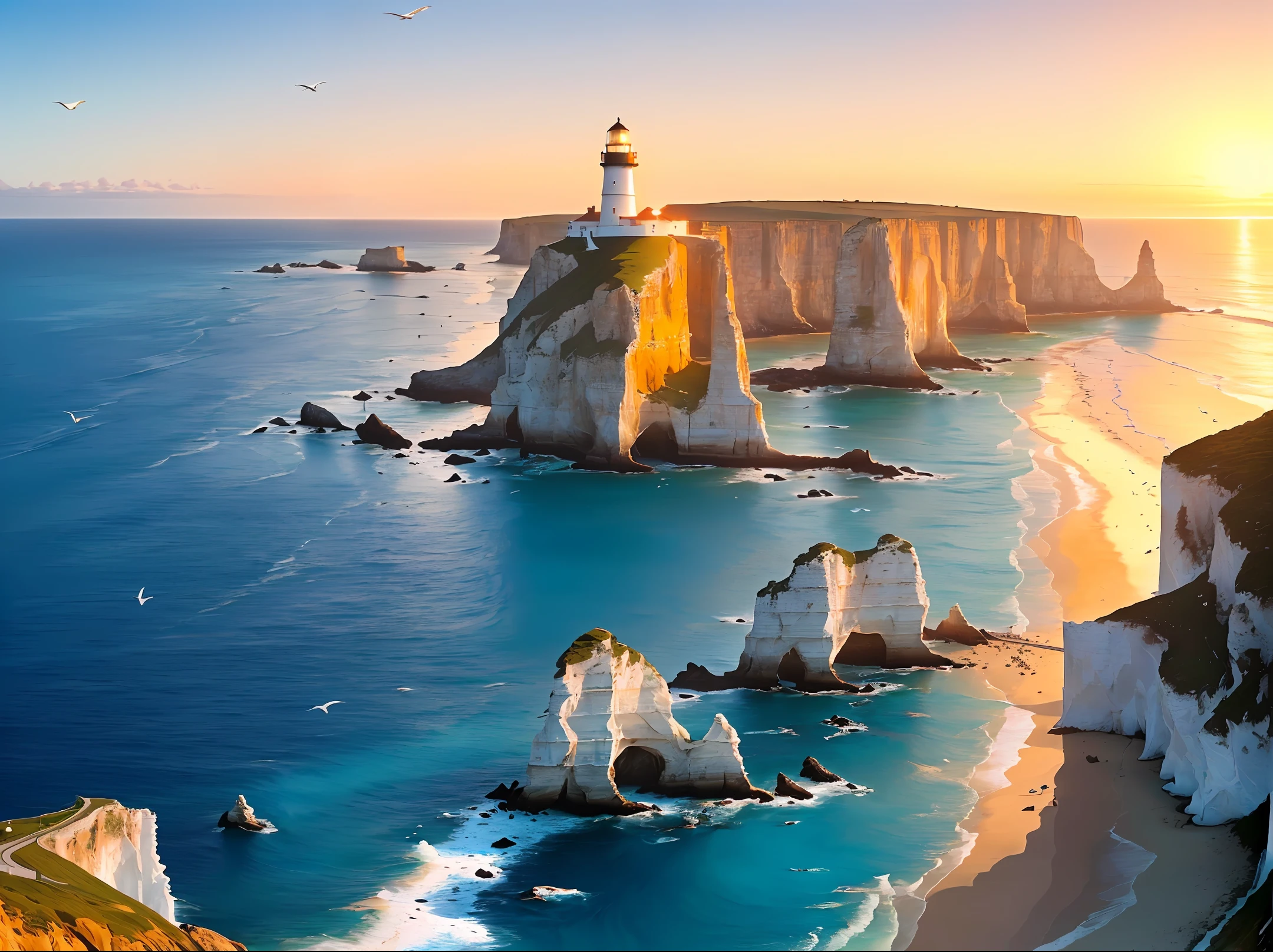 Expansive coastal view, (timeless beauty:1.2), (dramatic cliffs:1.1), pristine sandy beach, crystal clear turquoise waters, (gentle waves:0.9), (golden sunlight:1.2), (seabirds in flight:1.1), (whitewashed lighthouse:1.3), (majestic rock formations:1.2), (lush coastal vegetation), (vibrant wildflowers:1.1), (serene and calm atmosphere:1.2), (sense of tranquility and escape), (impressive depth and perspective), (high dynamic range:1.1), (popular among nature photographers:1.2), (captivating sunrise or sunset:1.3)