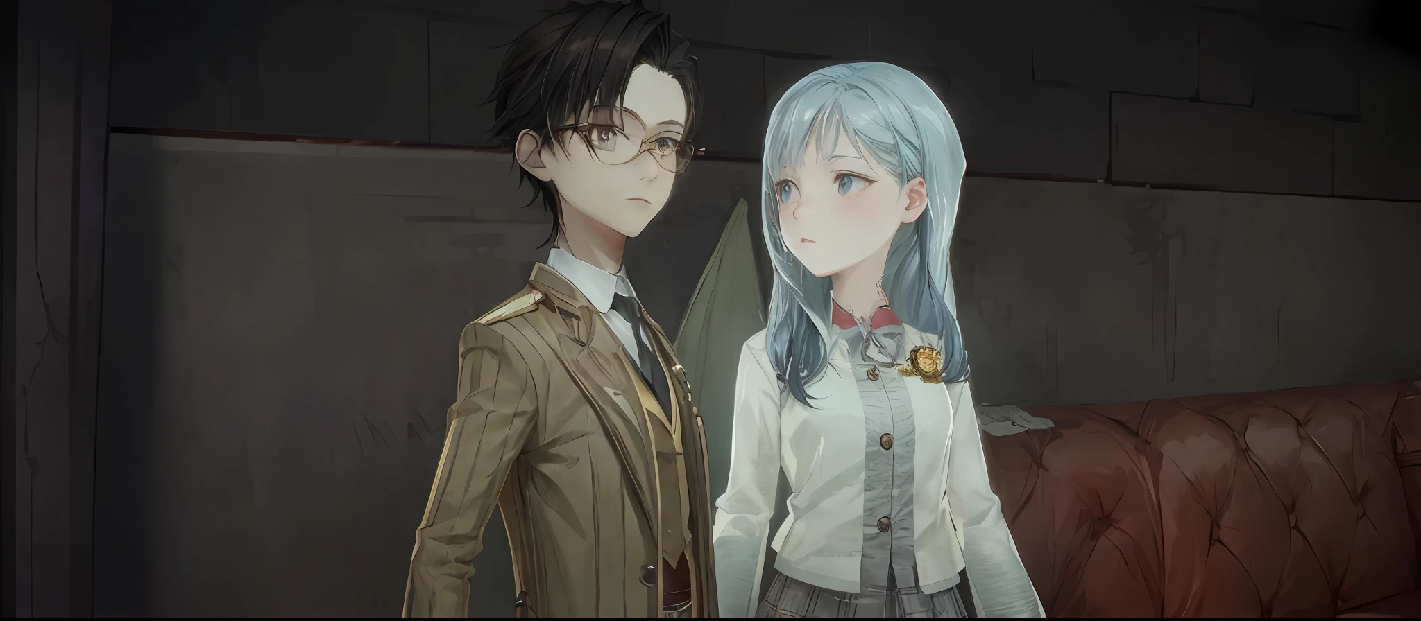 anime characters standing next to each other in a room, medium shot of two characters, two characters, stylized anime, CG game, video game screenshot>, game screenshot, closeup character, magic school uniform, game screenshot, pc screenshot, Guweiz-style art,  highly detailed characters, magical school student uniform, cutscene, realism style