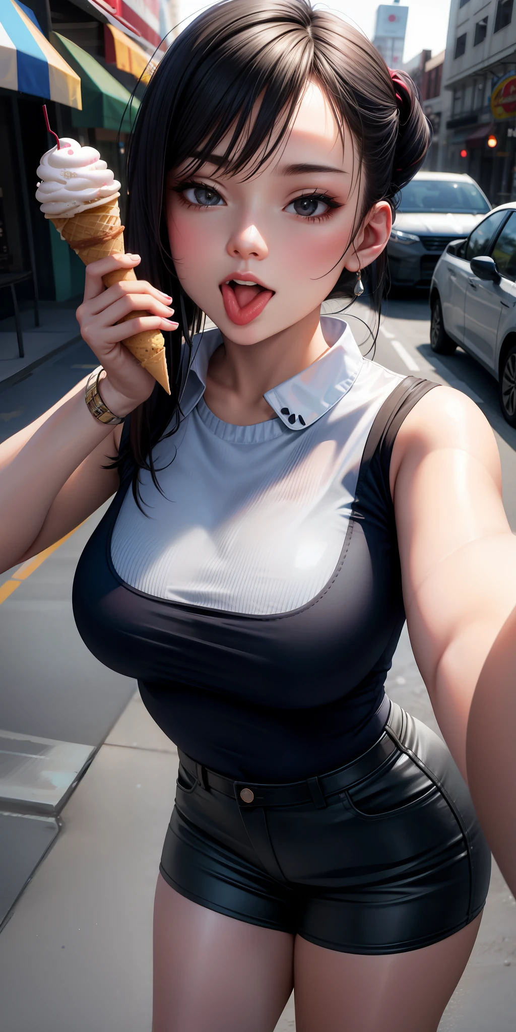 realistic, woman, selfie, wide mouth, licking, soft ice cream, sexy