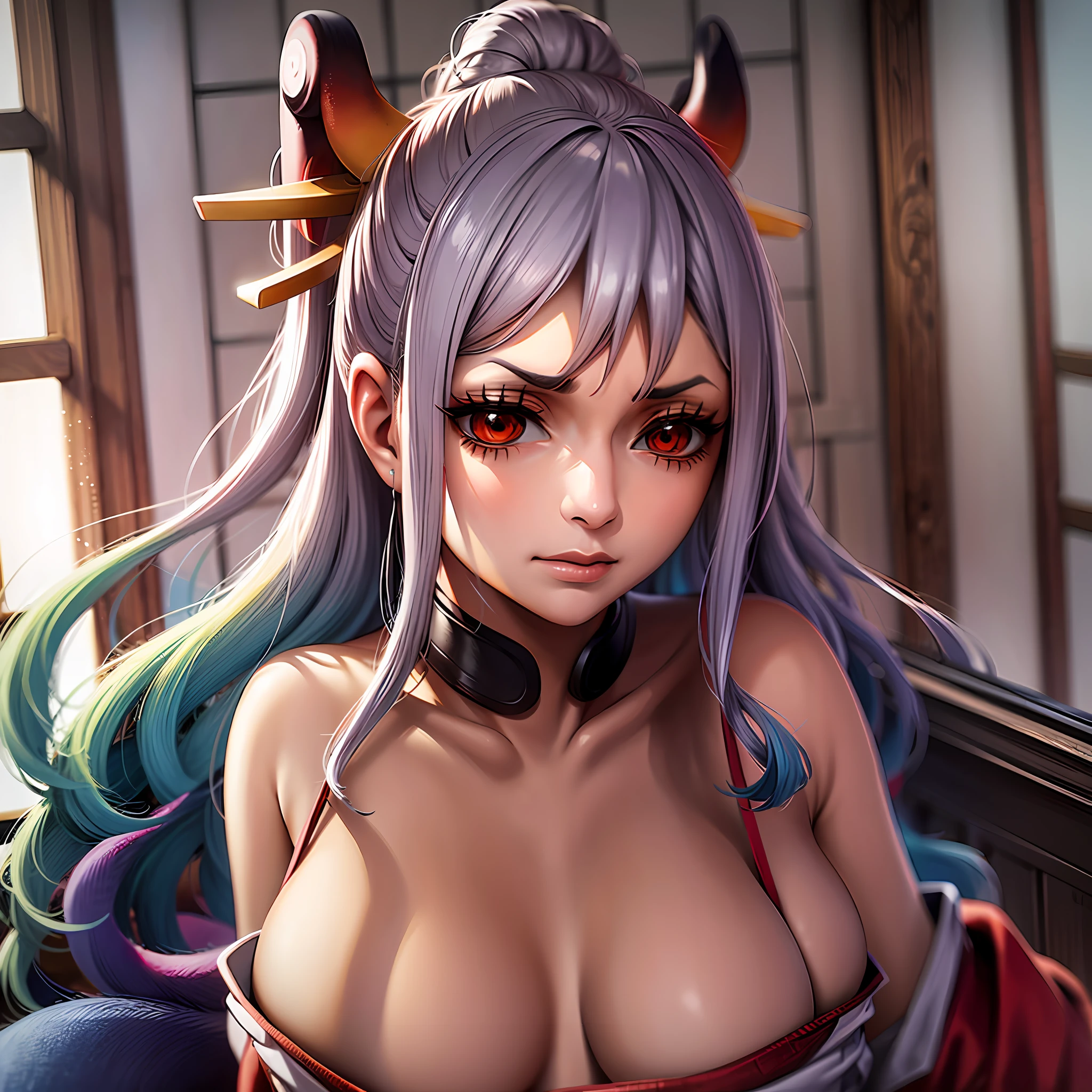 1girl, portrait beautiful Yamato OP,room, solo, japanese_clothes, kimono, bare_shoulders,big breasts,plump,perfect body, sleeveless, sleeveless_kimono, Shimenawa, looking_at_viewer, bare_arms, V-shaped_eyebrows, hakama, closed_mouth, orange_ eyes, aqua_hair, red_eyes, two tone_hair, serious, frown, sky, fighting_stance, volumetric lighting, best quality, masterpiece, complex detail, tone mapping, sharp focus, ultra detail, trend on artstation,