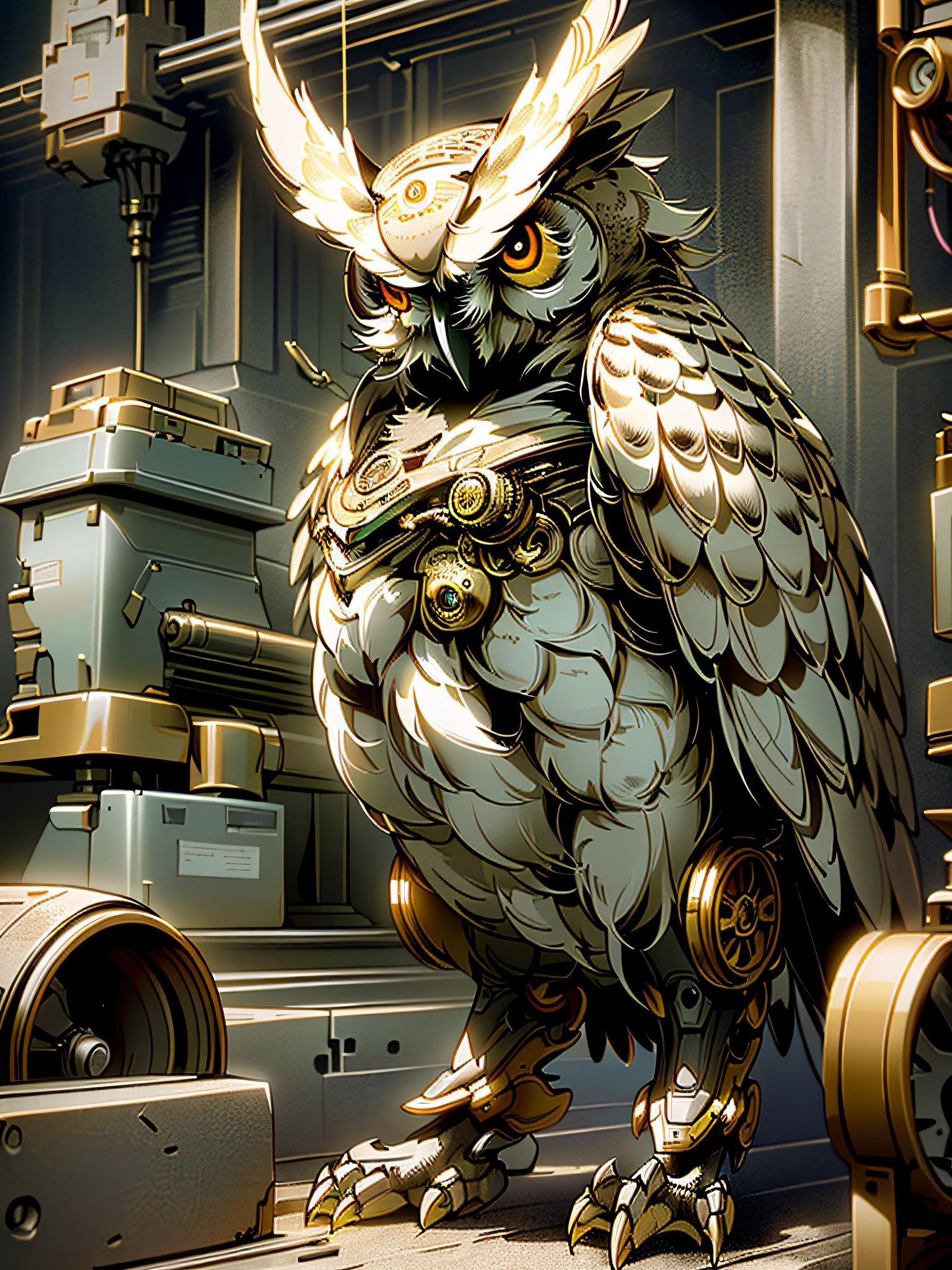 there is a large owl that is standing on a table, mechanical owl, hyperrealistic robot owl, detailed steampunk illustration, mechanical cute bird, high quality steampunk art, steampunk digital art, mechanical bird, highly detailed digital artwork, digital steampunk art, 4k highly detailed digital art, steampunk illustration, golden steampunk, steampunk art, highly detailed digital art, steampunk design
