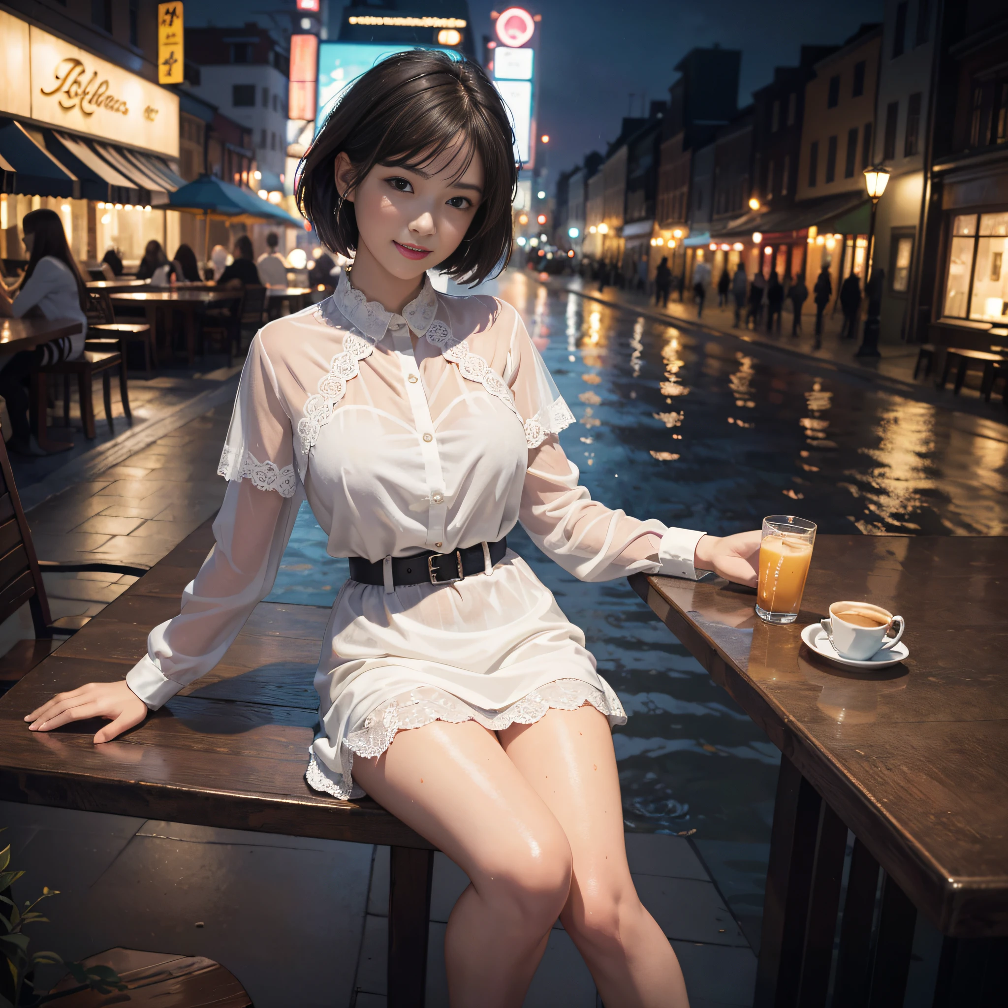 (8K, Best Quality, Masterpiece: 1.2), (Realistic, Photorealistic: 1.37), Super Detailed, (1 girl))), Solo, Beautiful Details Sky, More Cafe, Night, Sitting, Date, (Blushing), (Smile: 1.15), (Open Mouth), Big breasts, Beautiful Detailed Eyes, (Shirt: 1.1), Night, Wet, Rain, White Lace, (Short hair: 1.2), Floating hair Novafrog style, ((full body)), stand, sexy, cute