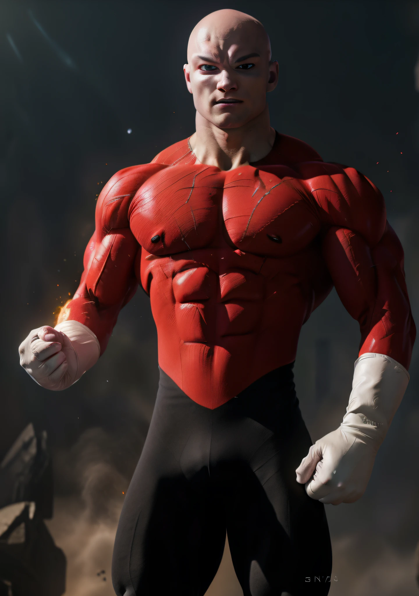 ((masterpiece, best quality)), (complex lighting), solo, 1boy, jiren, white gloves, bodysuit, muscular, bald light particles, dust particles