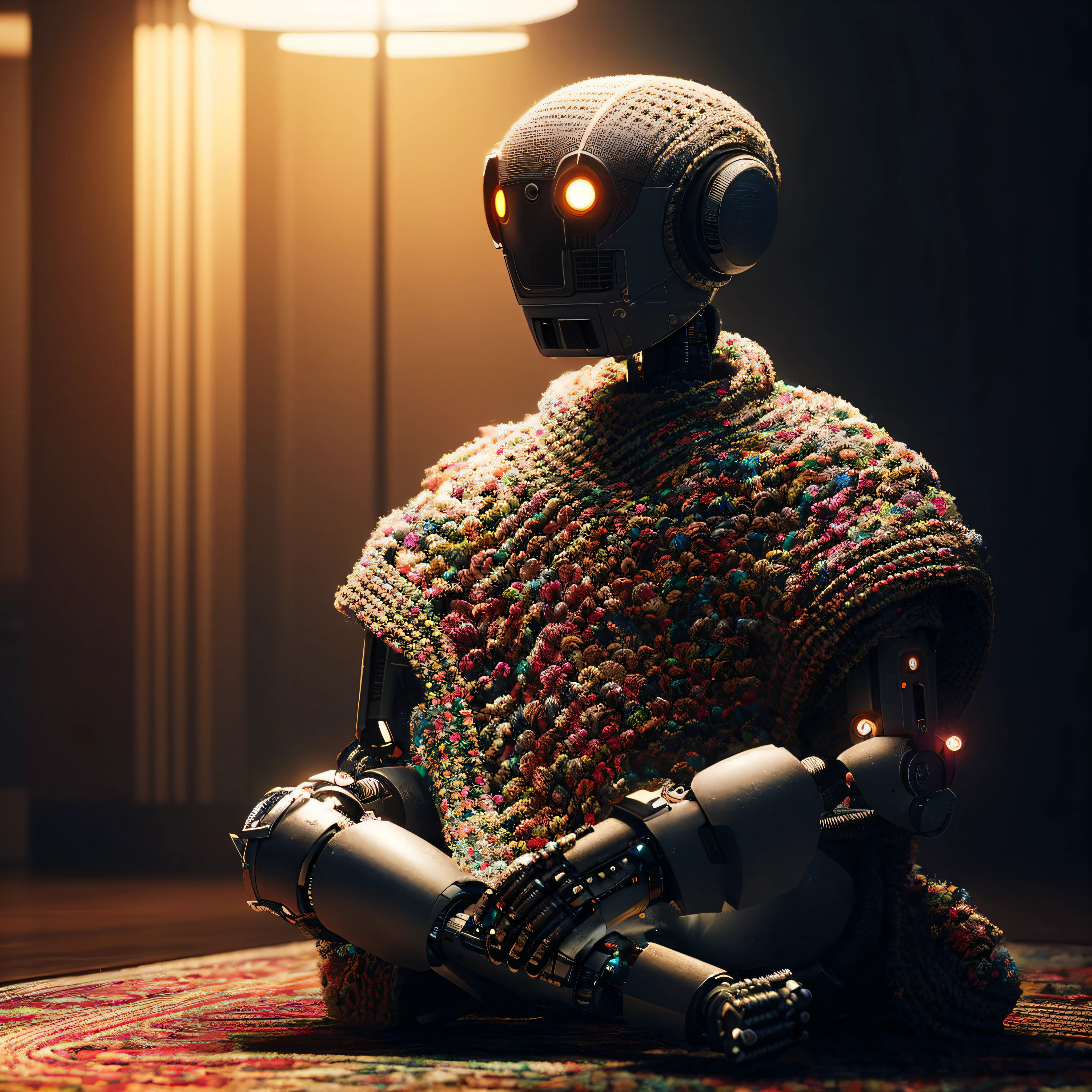 There's a robot sitting on the floor in a choche suit and a crochet burrow, a cyborg meditating, close-up of a seated robot, beautiful octane rendering, intricate 8K rendering, fantasy-style 8K rendering, detailed humanoid, beeple. octane render, created in octane render, amazing octane render, insanely detailed octane render, octane render aesthetic, fashion photography, fashion, blurry background