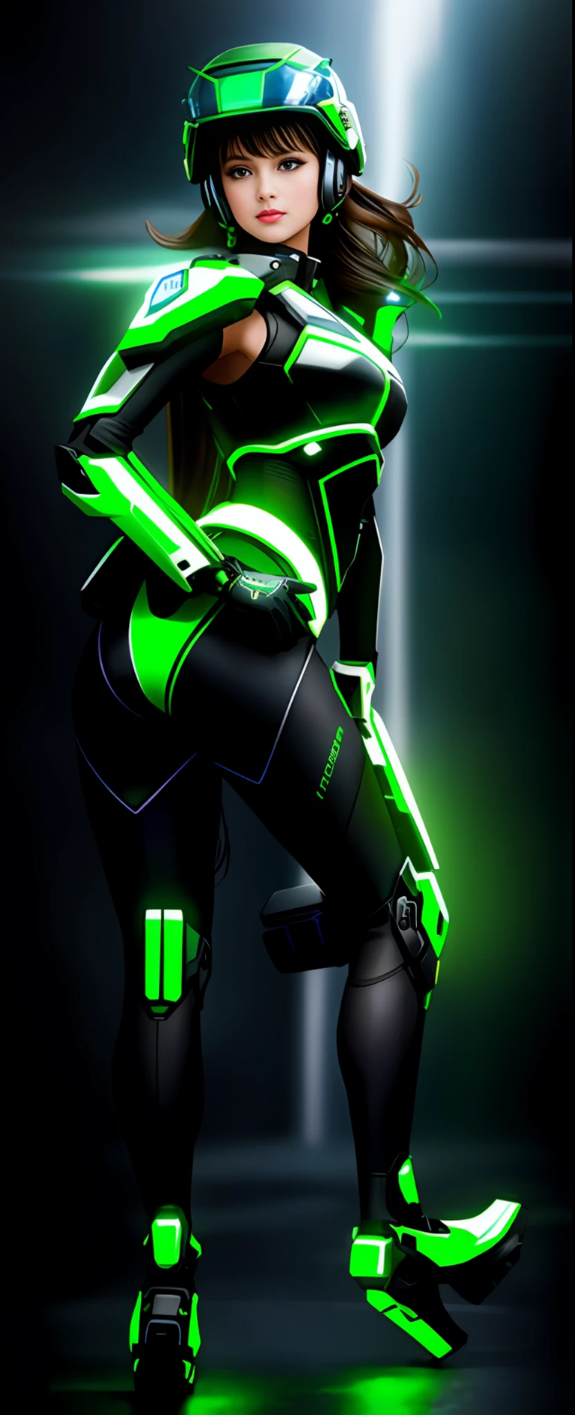Highest image quality, outstanding details, ultra-high resolution, (realism: 1.4), the best illustration, favor details, highly condensed 1girl, with a delicate and beautiful face, dressed in a black and green mecha, wearing a mecha helmet, holding a directional controller, riding on a motorcycle, the background is a high-tech lighting scene of the future city.
