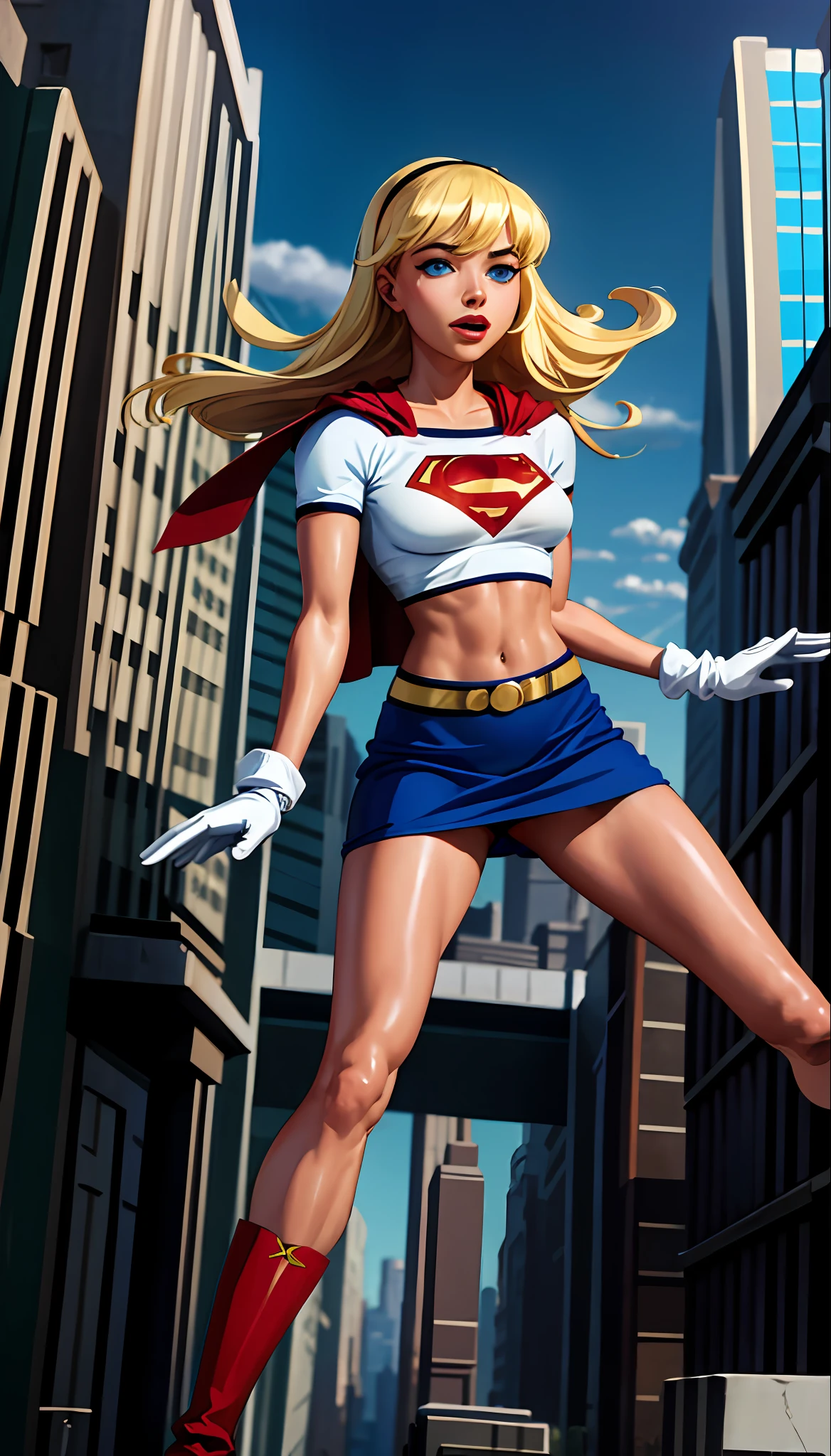 (cowboy shot), sfw, (masterpiece), (best quality:1.0), (ultra highres:1.0), detailed eyes,
BREAK
Supergirl, 1girl, long blonde hair, midair, flying
hairband, \(white\) crop top, short sleeves, cape, blue pencil skirt, gloves, boots
BREAK
(clouds, city, gorgeous view)