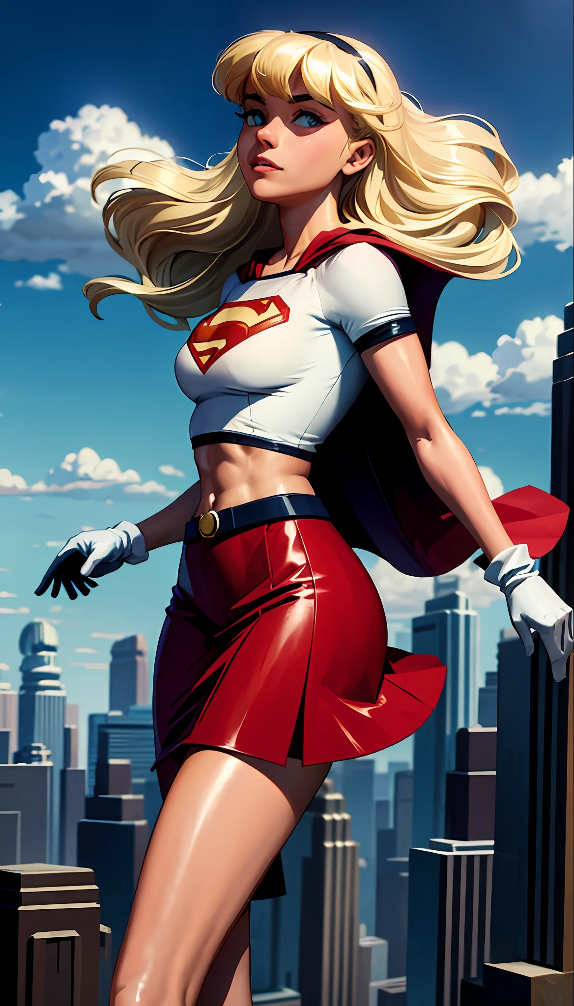 (cowboy shot), sfw, (masterpiece), (best quality:1.0), (ultra highres:1.0), detailed eyes,
BREAK
Supergirl, 1girl, long blonde hair, midair, flying
hairband, \(white\) crop top, short sleeves, cape, blue pencil skirt, gloves, boots
BREAK
(clouds, city, gorgeous view)