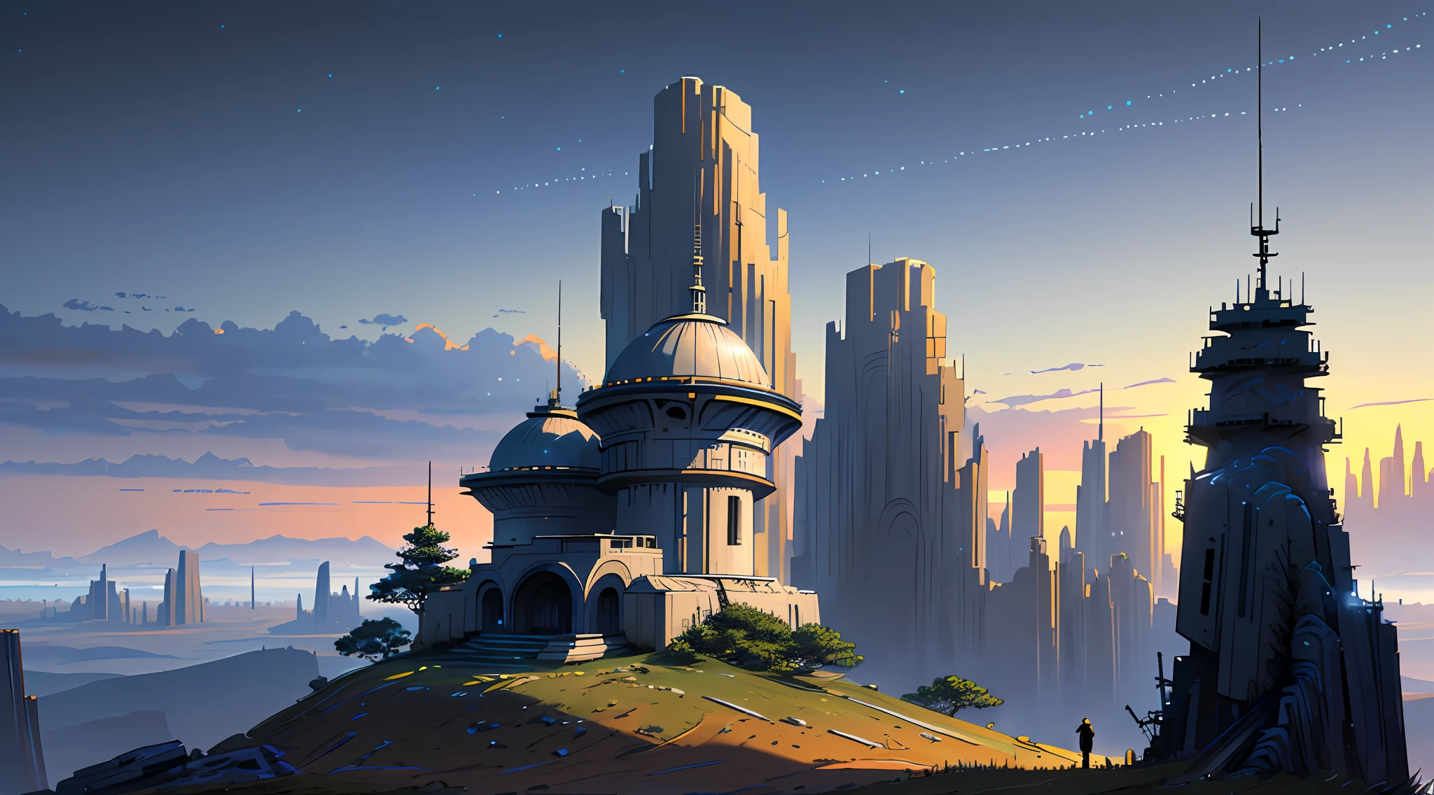 (8k unit wallpaper CG extremely detailed, masterpiece, best quality, ultra-detailed), (((solo)))), a jedi on a hill looking at a city in the distance, Star Wars style, (high detail), (intricate detail), intricate, incredible high detail, highly detailed environment, illustrator, (masterpiece), art by Greg Rutkowski.