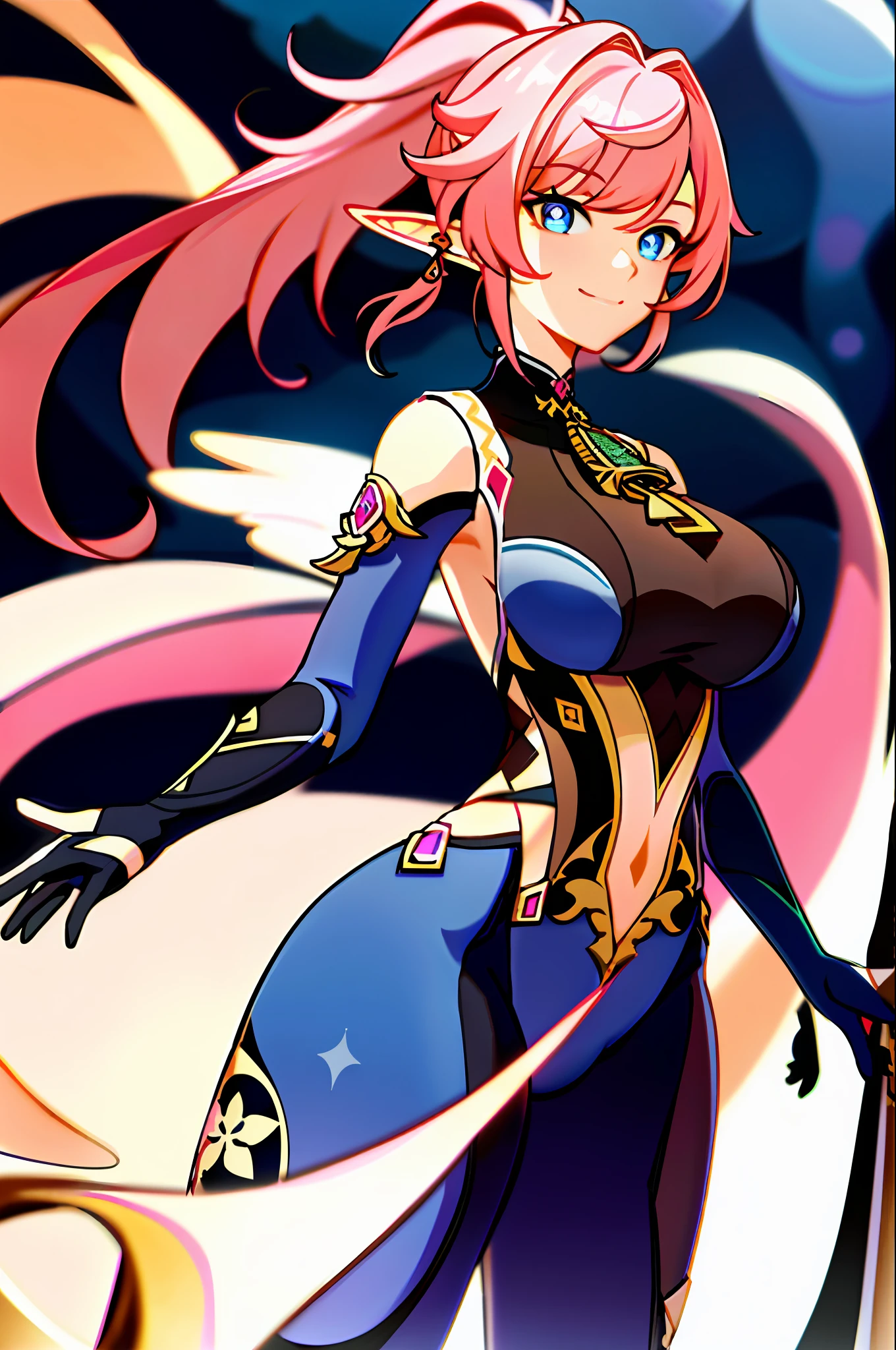 masterpiece, best quality, 1girl, solo, upper body, genshin impact, 1girl, elf ears, branch, large breasts, half-open mouth, elysia, huge breasts, large breasts, massive breasts, elysia (Honkai Impact), jewelry, long hair, ponytail, blunt bangs, looking at viewer, ear cuffs, breasts, big smile, bodysuit, tight body suit, skintight body suit, tight, pink hair, blue eyes, pink pupils, pink pupils, blue eyes, pink pupils, sidelocks, smile, solo, dynamic pose, genshin,