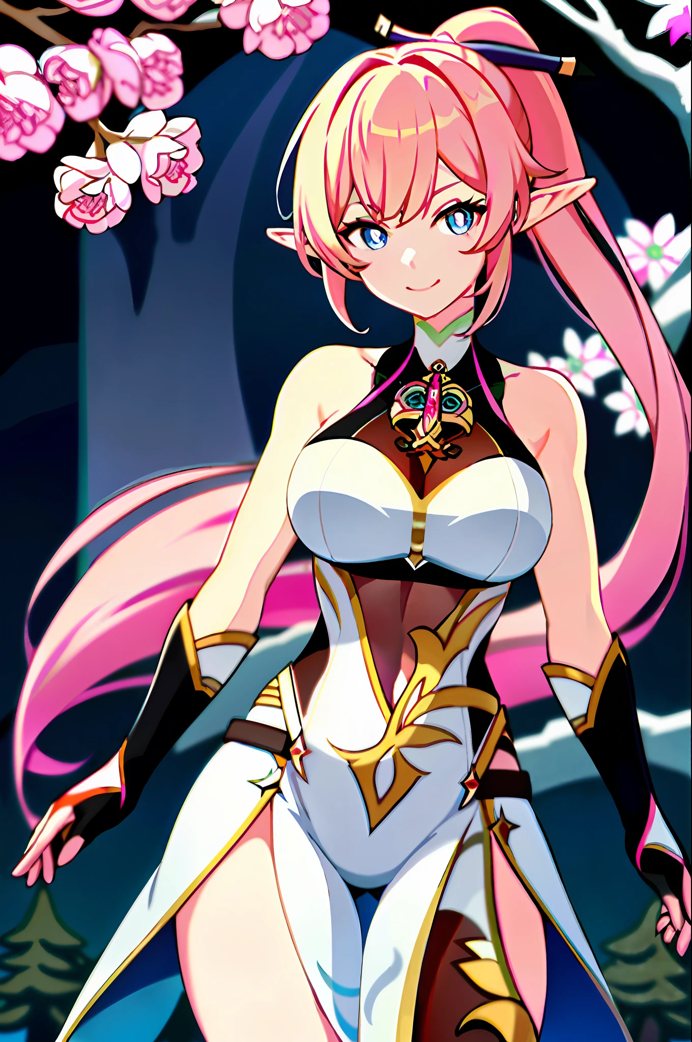 masterpiece, best quality, 1girl, solo, upper body, genshin impact, 1girl, elf ears, branch, large breasts, half-open mouth, elysia, huge breasts, large breasts, massive breasts, elysia (Honkai Impact), jewelry, long hair, ponytail, blunt bangs, looking at viewer, ear cuffs, breasts, big smile, bodysuit, tight body suit, skintight body suit, tight, pink hair, blue eyes, pink pupils, pink pupils, blue eyes, pink pupils, sidelocks, smile, solo, dynamic pose, genshin,